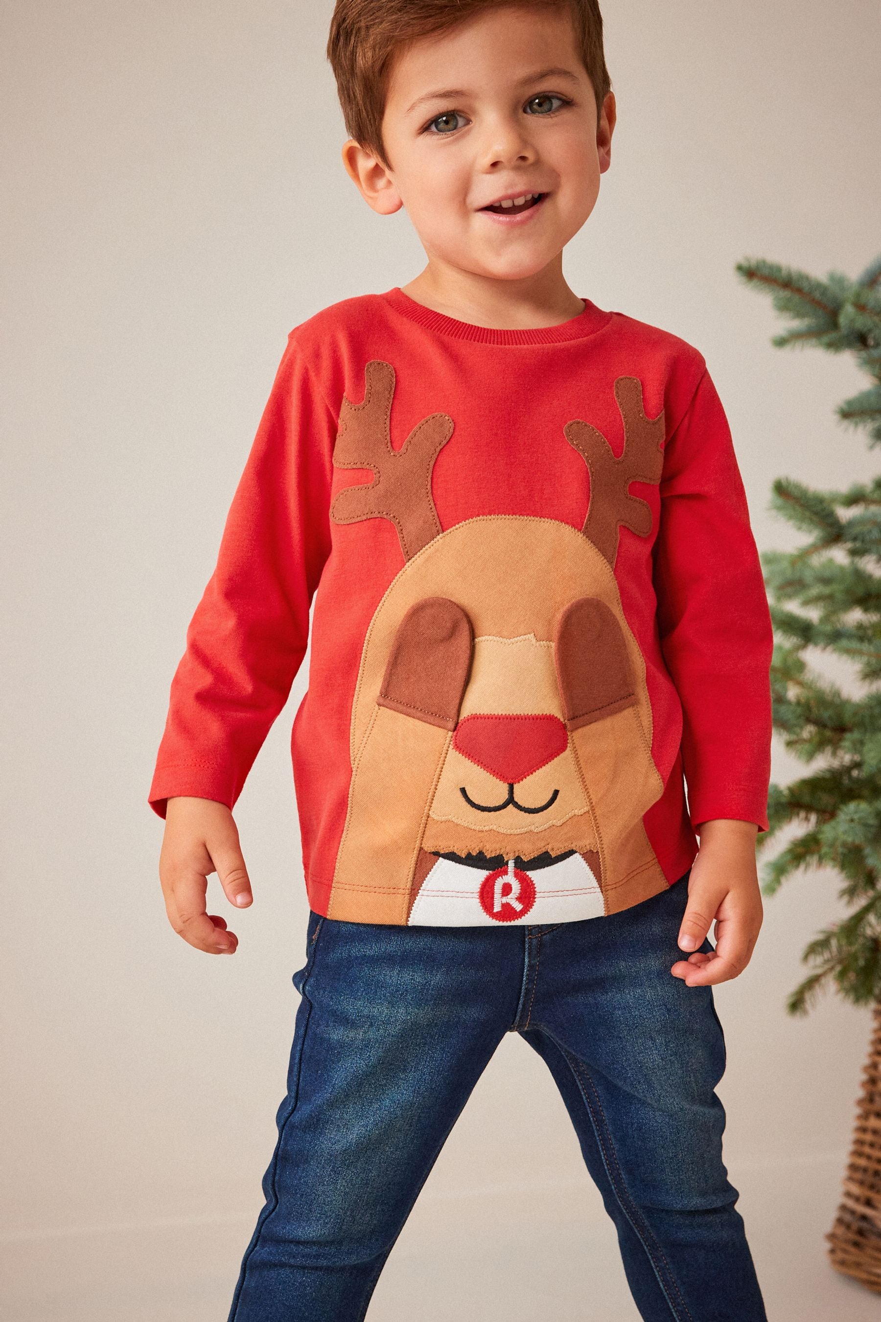 Red Reindeer Long Sleeve Christmas T-Shirt (3mths-7yrs)