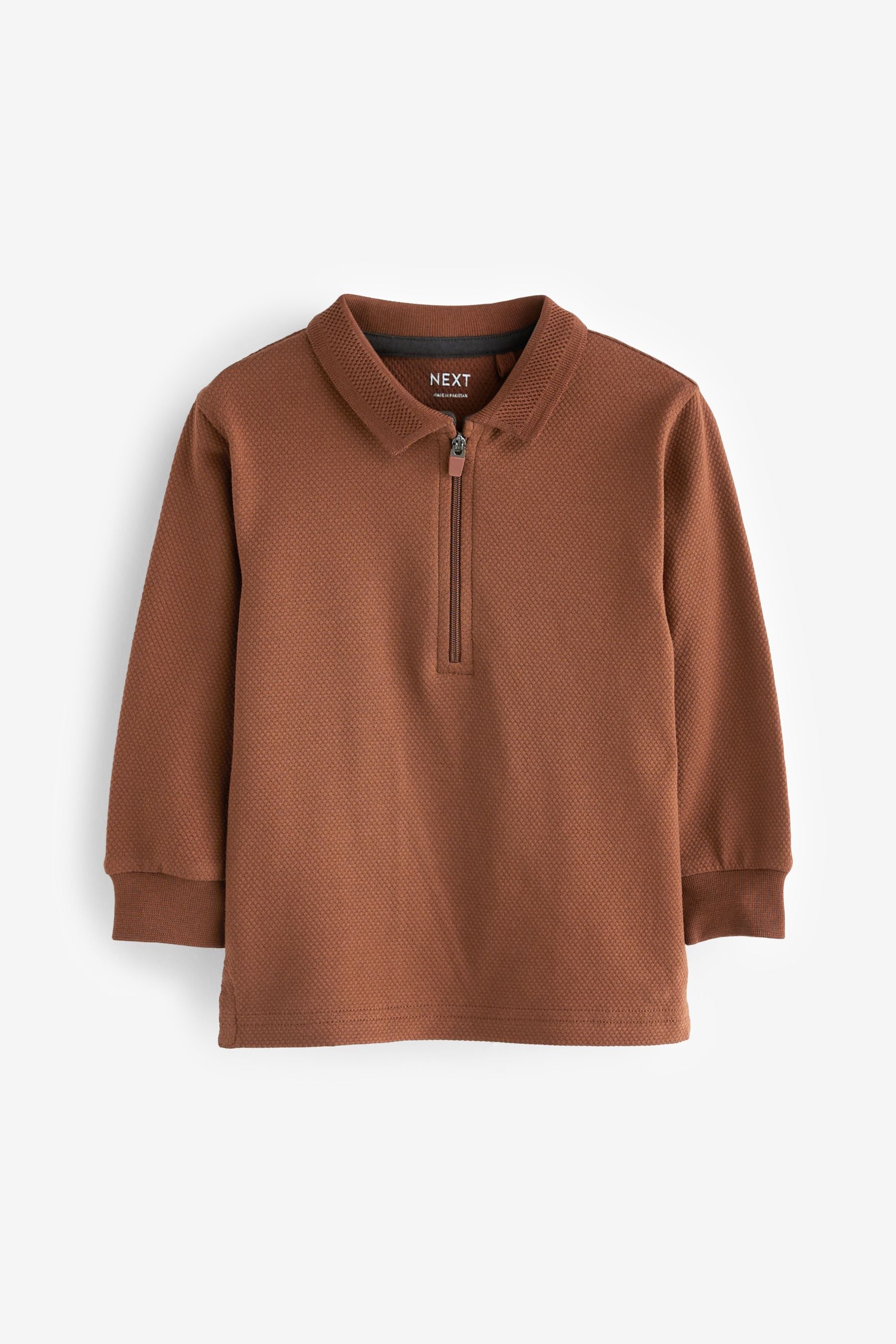 Tan Brown Long Sleeve Textured Zip Polo Shirt (3mths-7yrs)