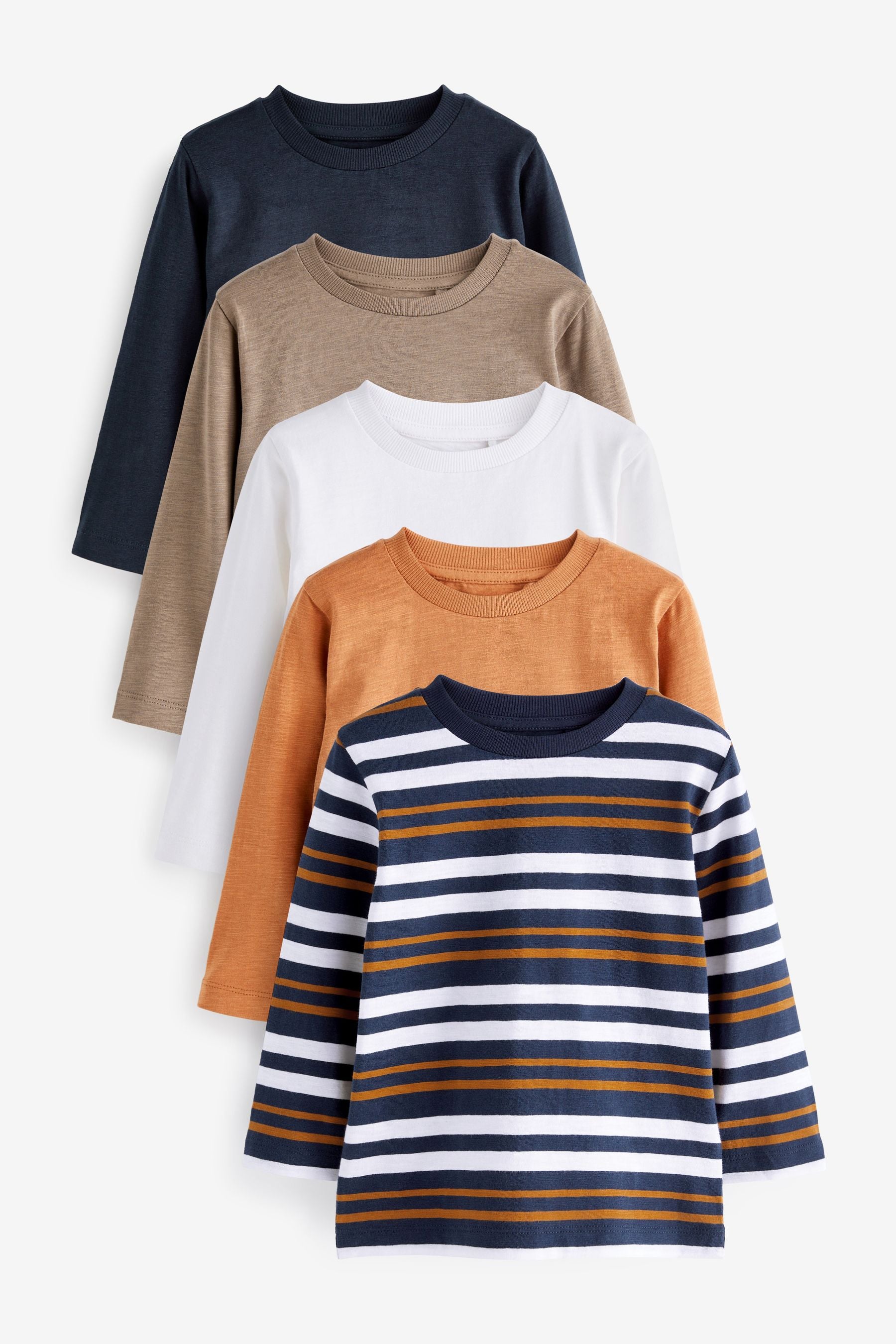 Navy Blue/Brown Plain Long Sleeve T-Shirts 5 Pack (3mths-7yrs)