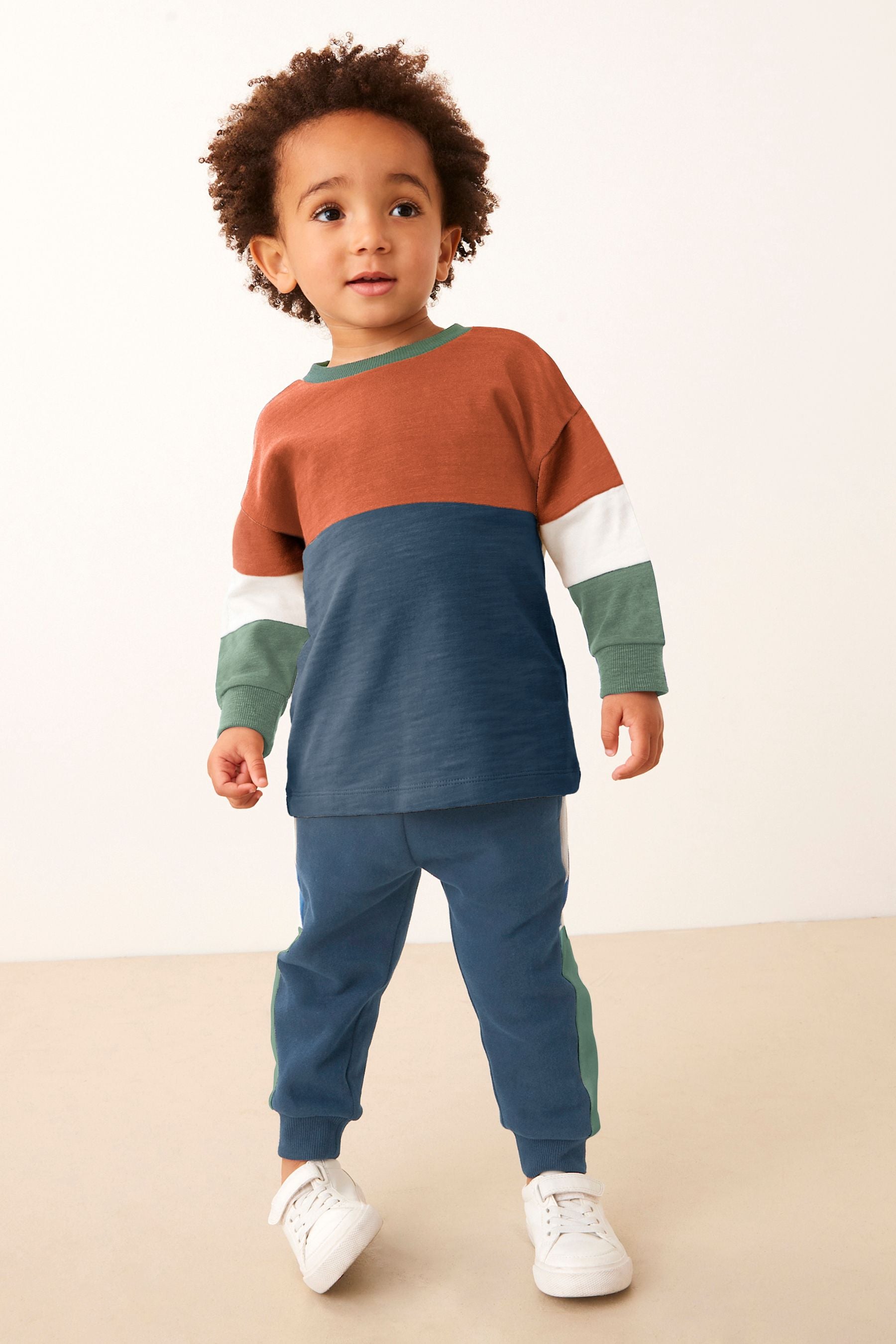 Rust/Navy Long Sleeve Cosy Colourblock T-Shirt and Joggers Set (3mths-7yrs)