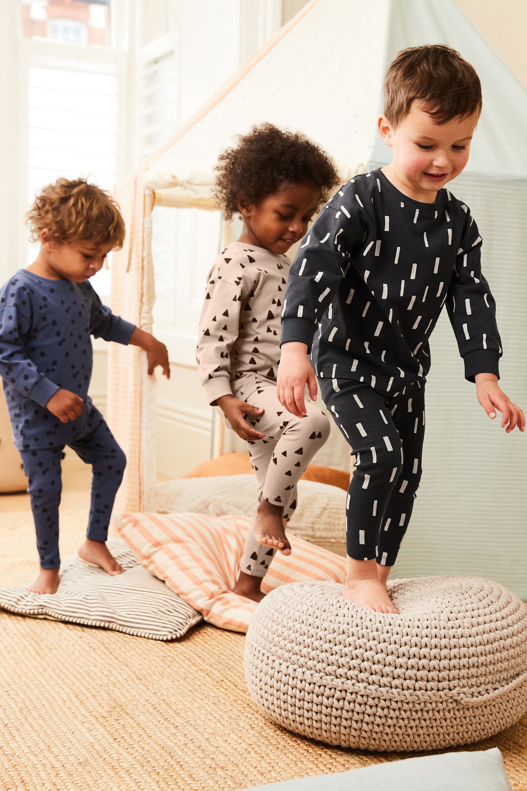 Blue/Neutral Mini Print Ribbed Legging Snuggle Pyjamas 3 Pack (9mths-8yrs)