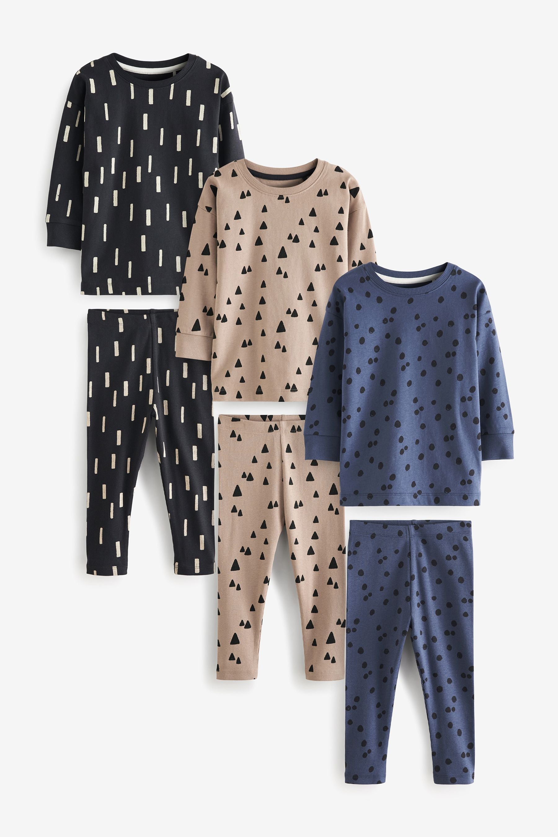 Blue/Neutral Mini Print Ribbed Legging Snuggle Pyjamas 3 Pack (9mths-8yrs)