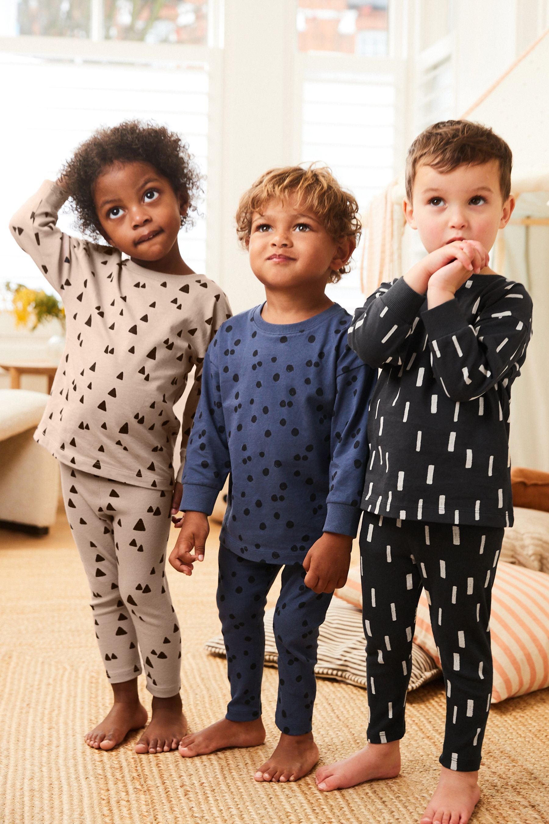 Blue/Neutral Mini Print Ribbed Legging Snuggle Pyjamas 3 Pack (9mths-8yrs)