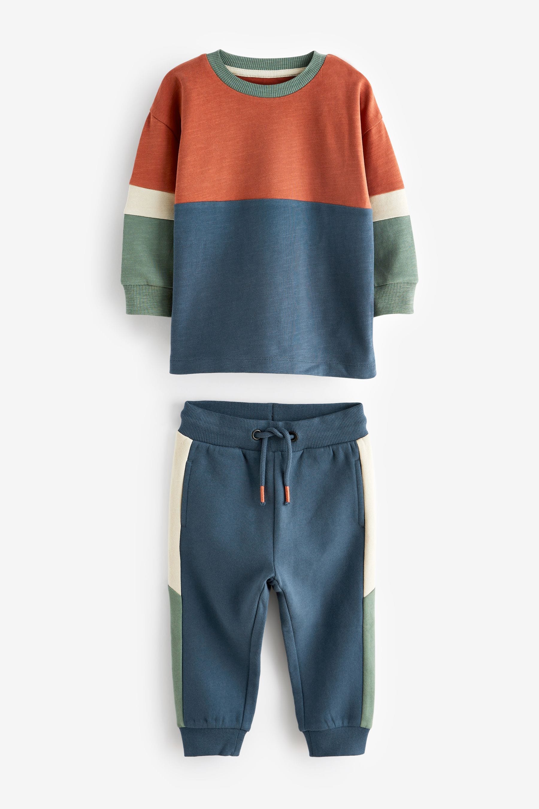 Rust/Navy Long Sleeve Cosy Colourblock T-Shirt and Joggers Set (3mths-7yrs)