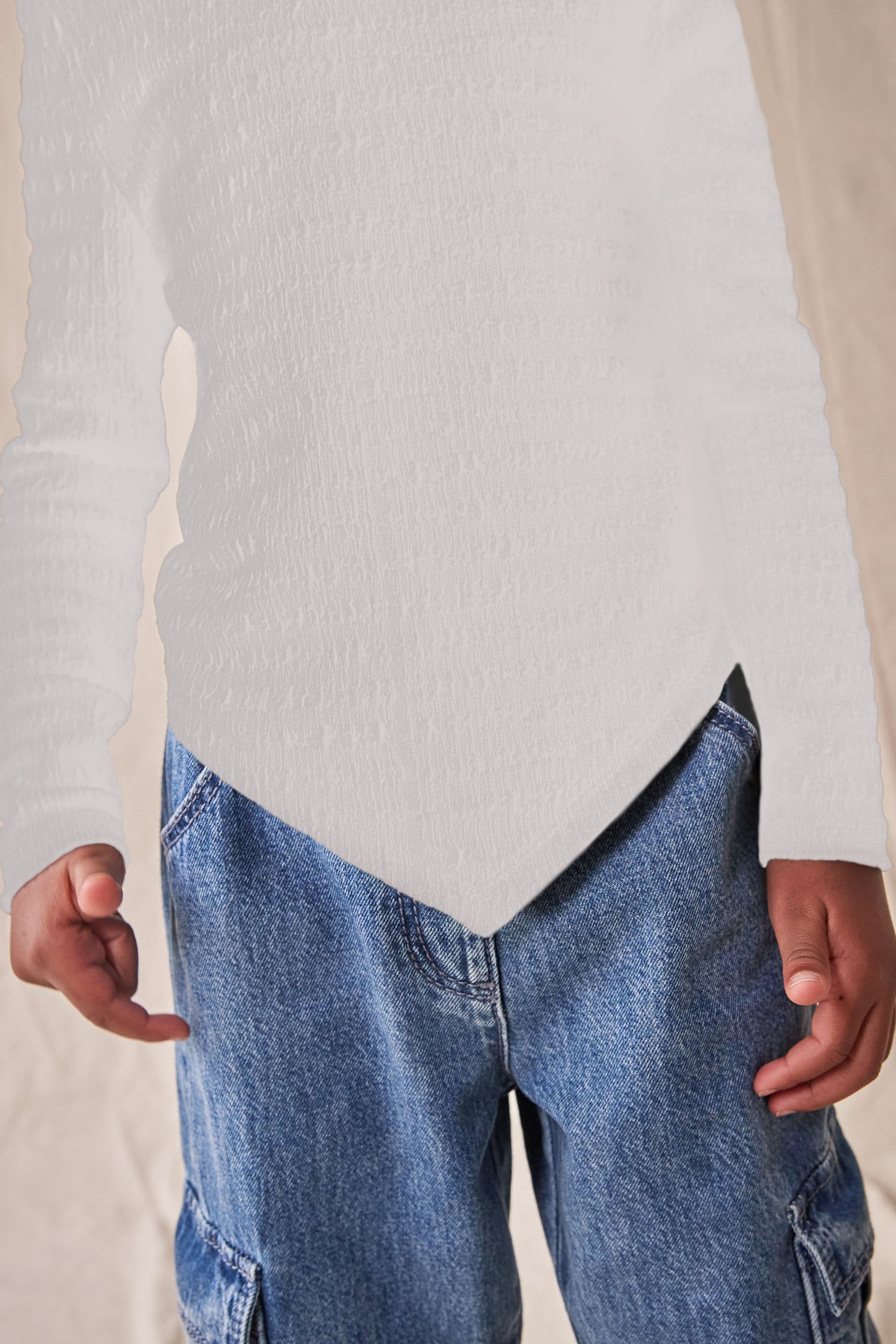 White Textured Hanky Hem Long Sleeve Top (3-16yrs)