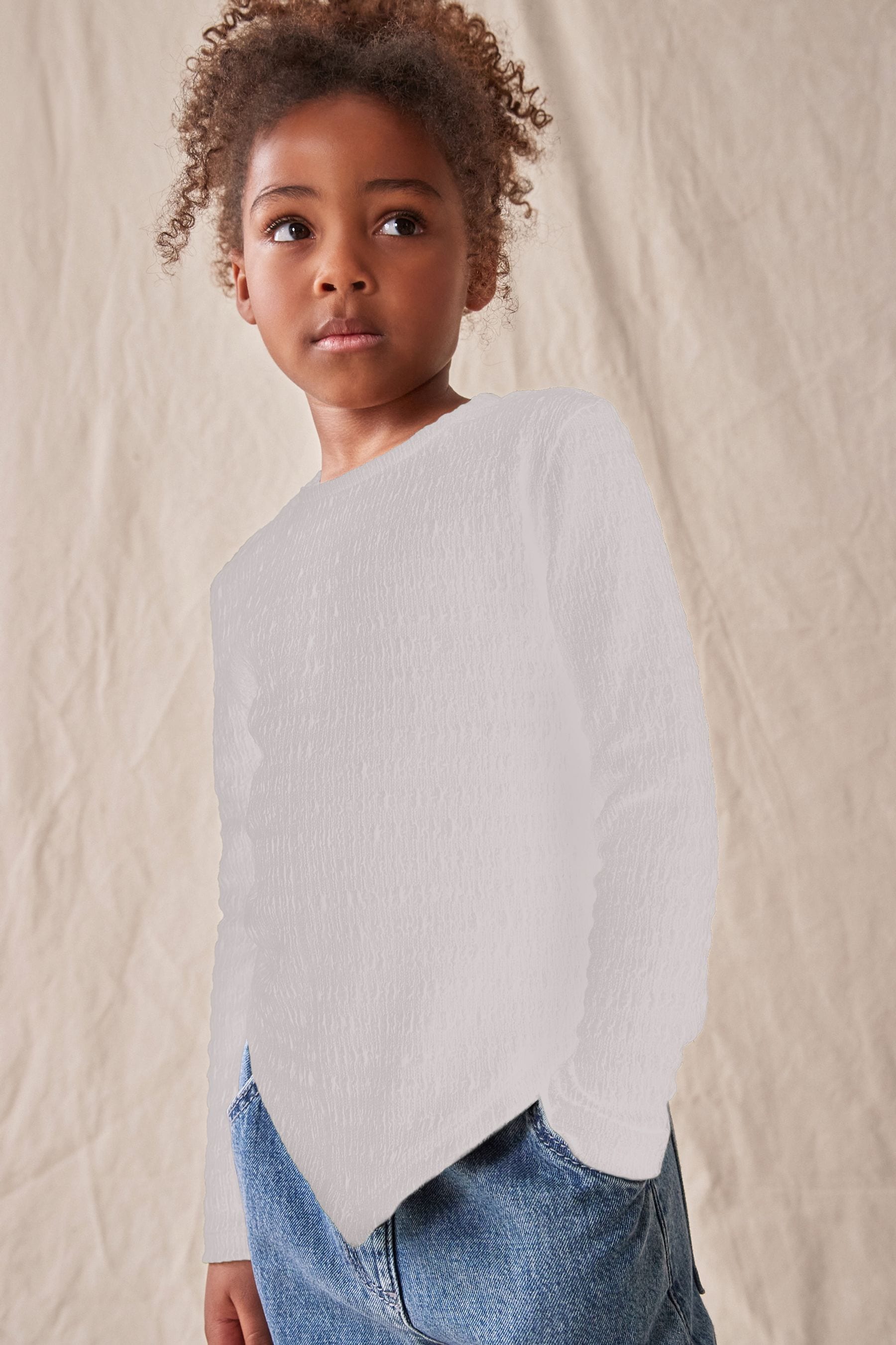 White Textured Hanky Hem Long Sleeve Top (3-16yrs)