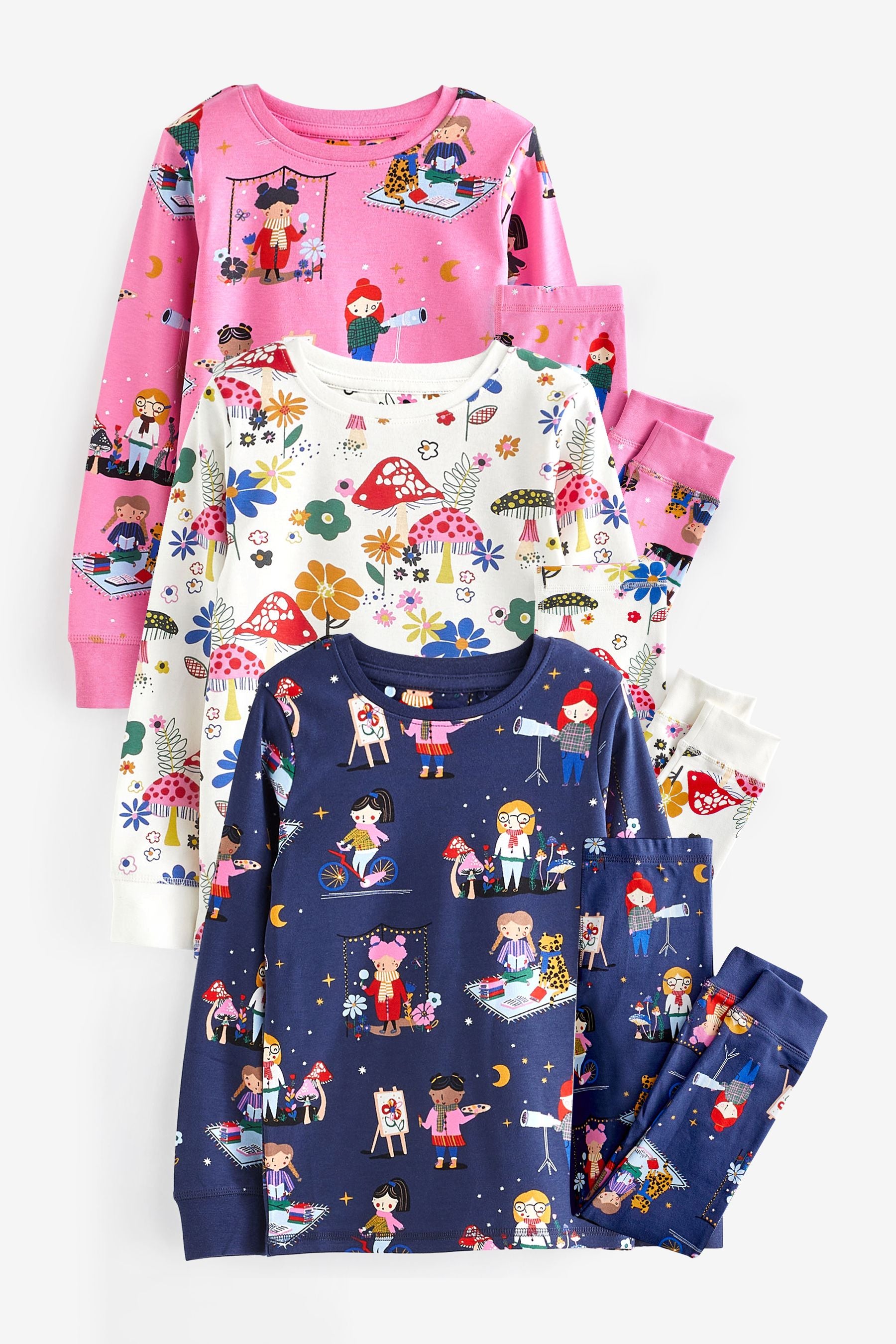 Multi Girl Print 3 Pack Long Sleeve Printed Pyjamas (9mths-8yrs)