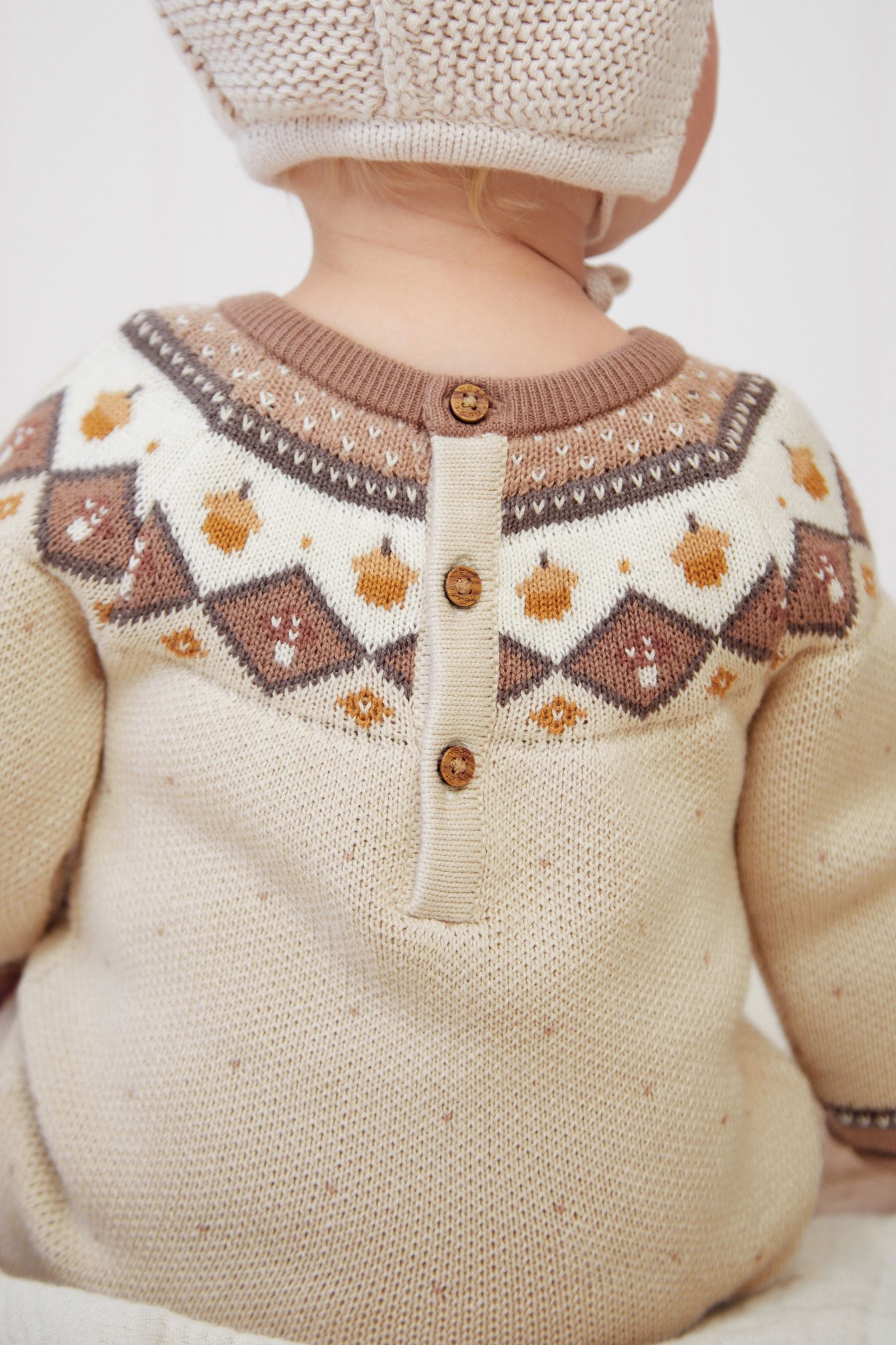 Tan Brown Fairisle Knitted Baby Romper (0mths-2yrs)