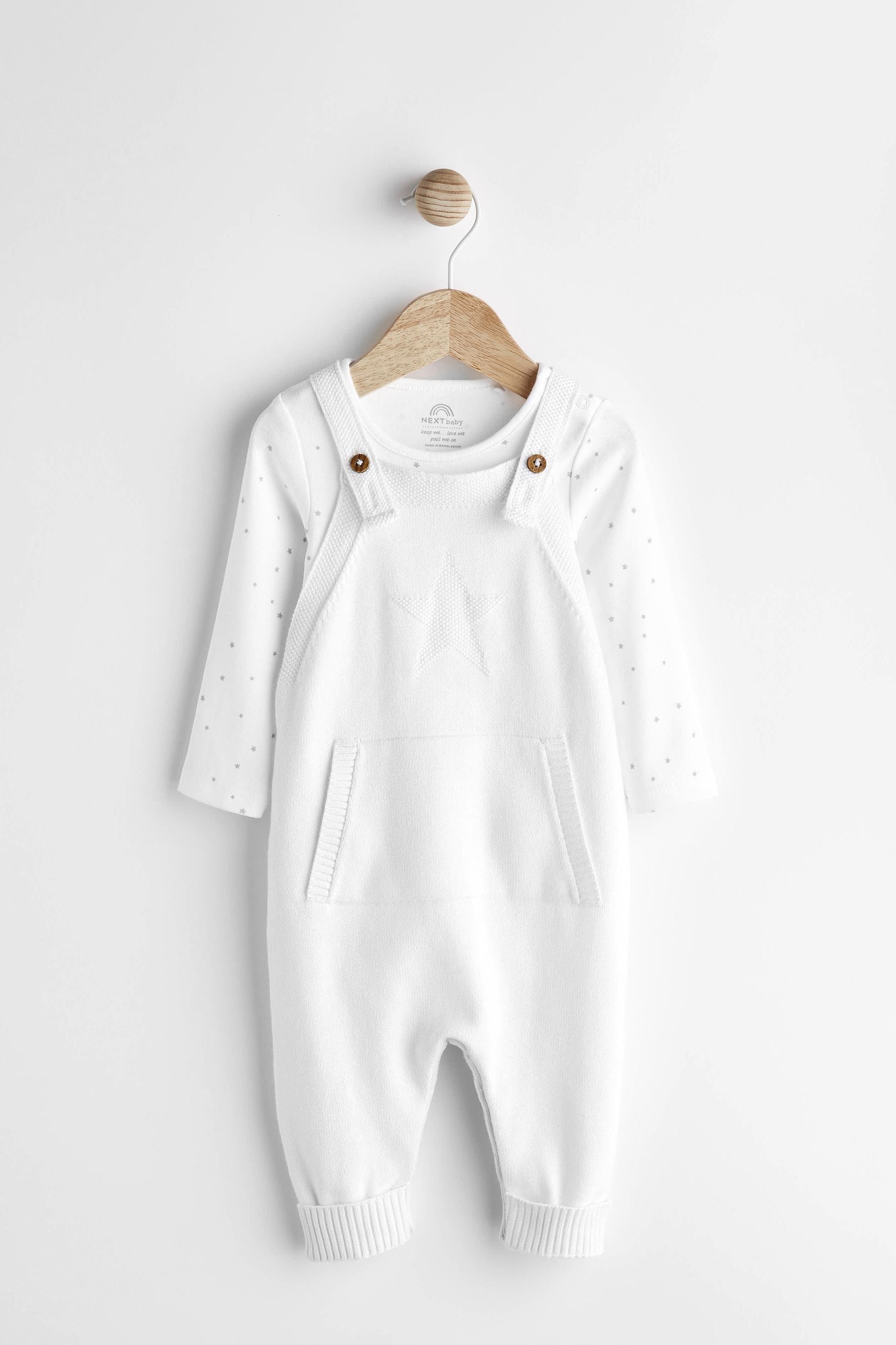 White Knitted Baby Dungarees And Bodysuit Set (0mths-2yrs)