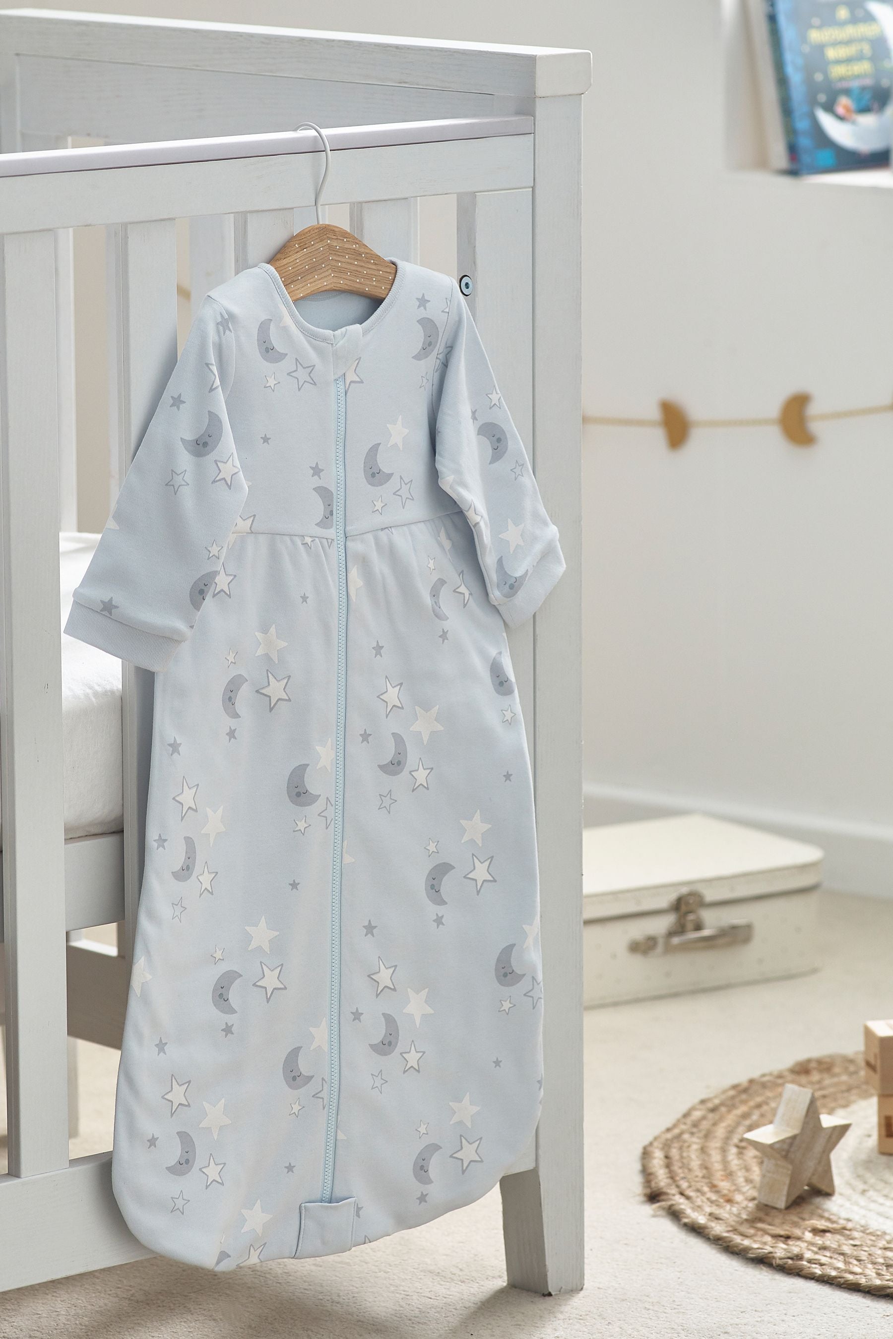 Blue Moon & Stars Baby 100% Cotton Long Sleeve 2 Tog Sleep Bag