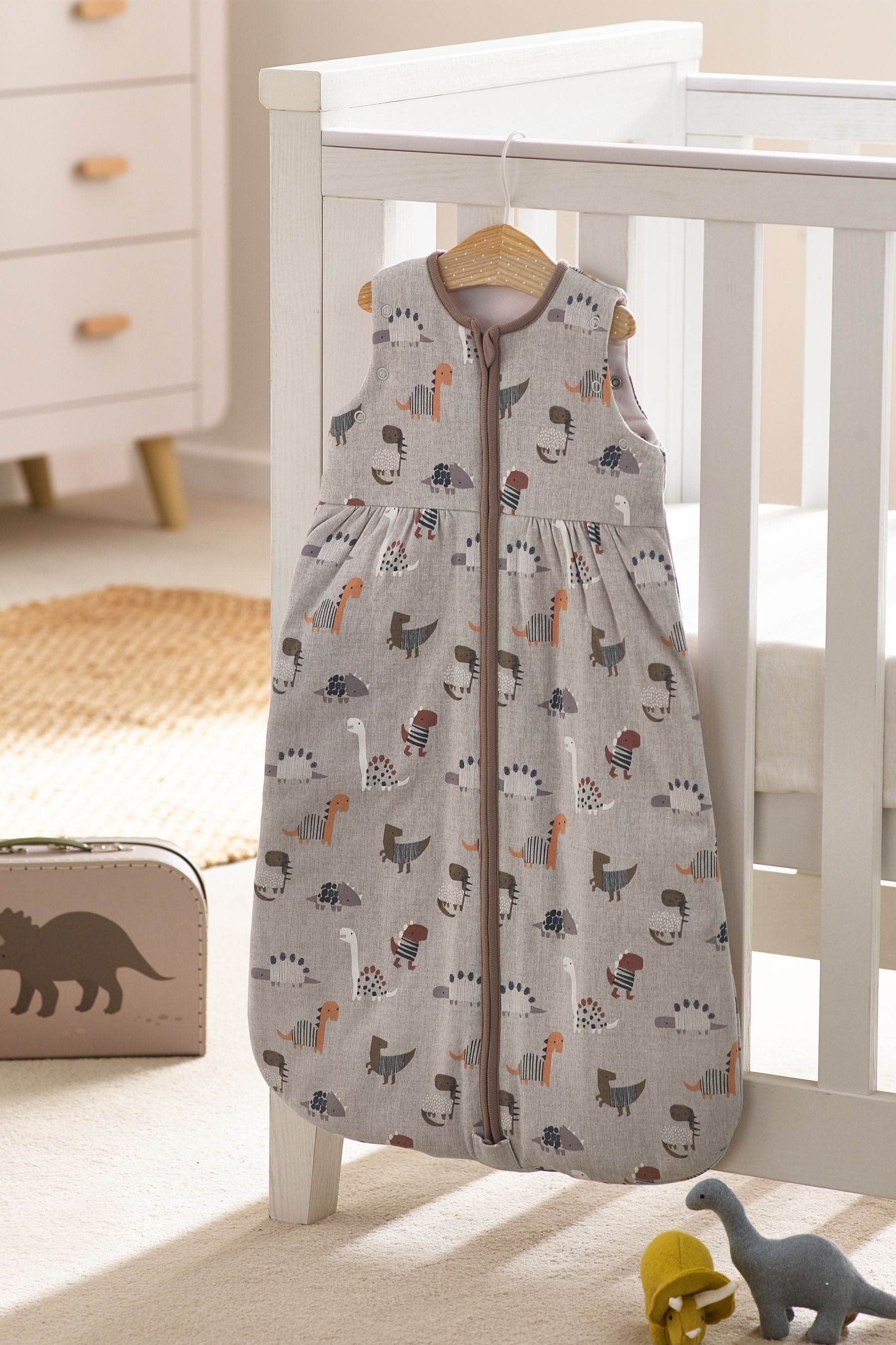 Grey Dino 2.5 Tog Baby 100% Cotton Removable Sleeves Sleep Bag