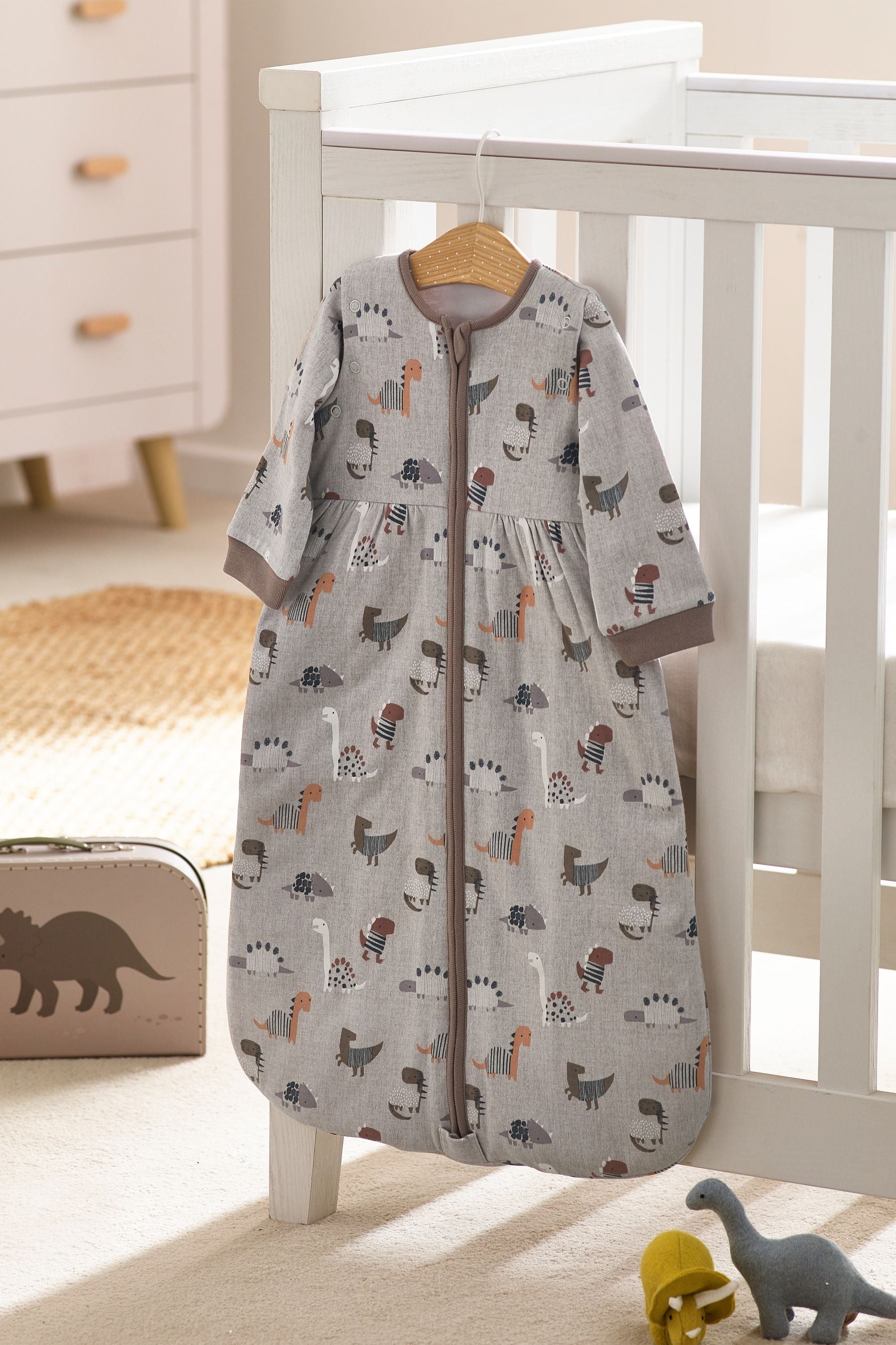 Grey Dino 2.5 Tog Baby 100% Cotton Removable Sleeves Sleep Bag