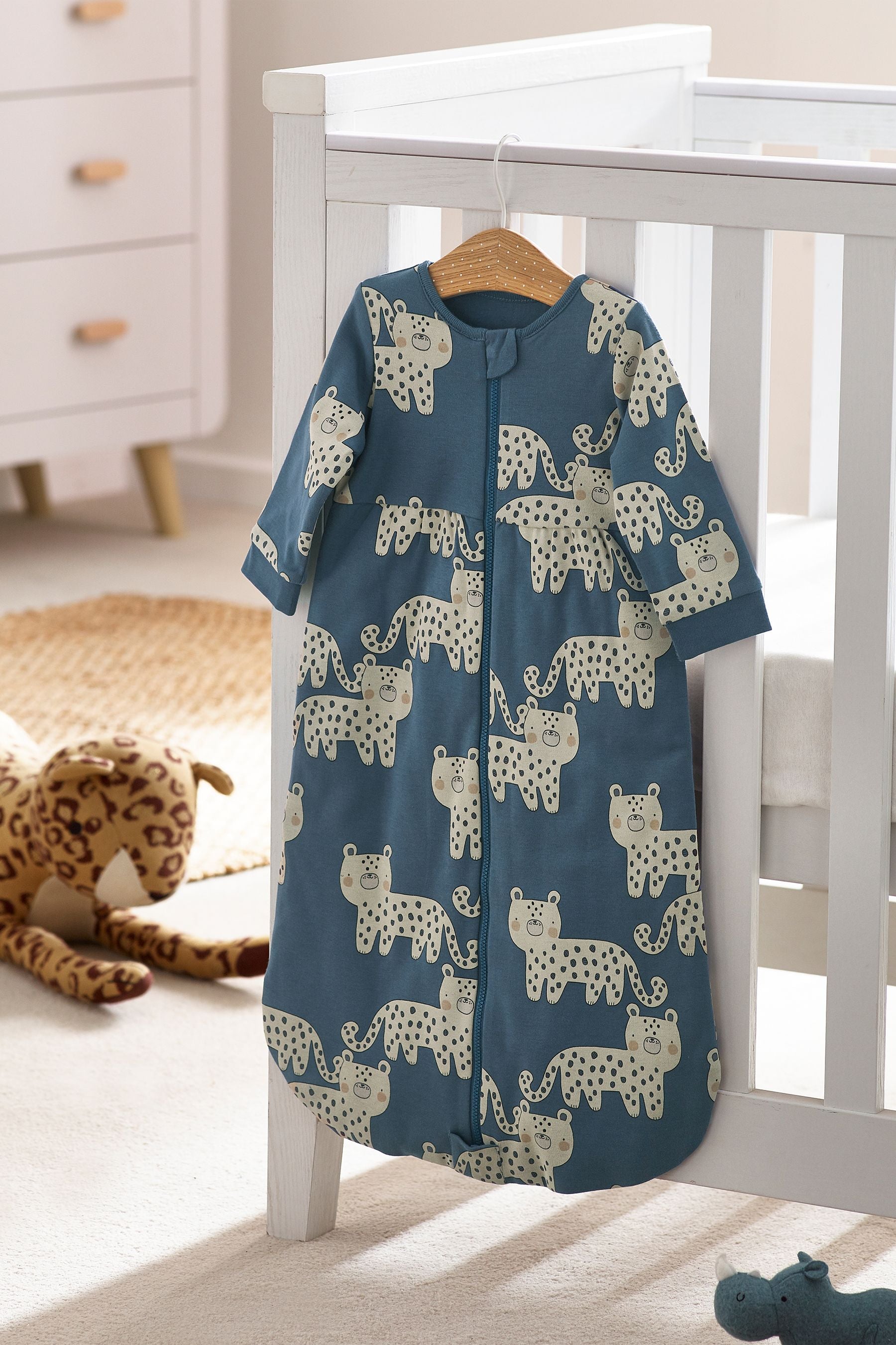 Blue Leopard Baby 100% Cotton Long Sleeve 2 Tog Sleep Bag