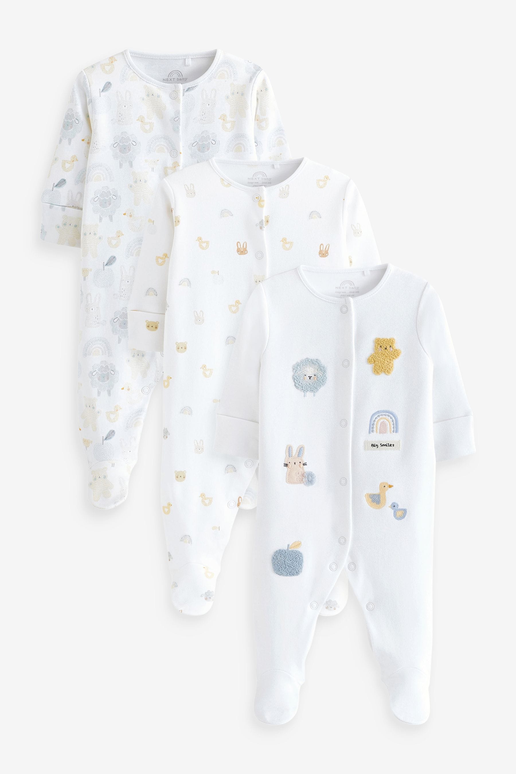 White Delicate Appliqué Baby Sleepsuits 3 Pack (0-2yrs)