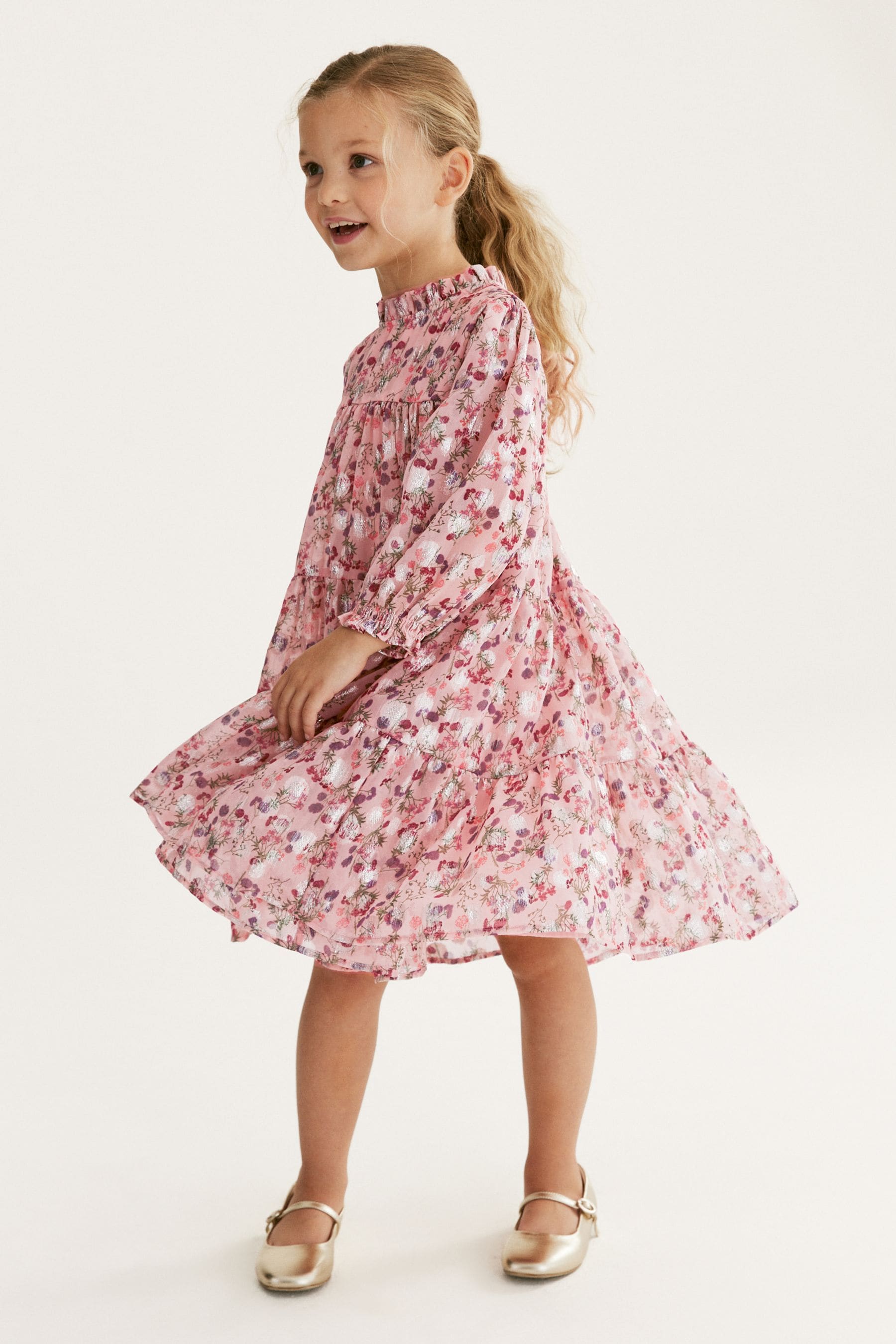 Pink Floral Metallic Chiffon Dress (3-16yrs)