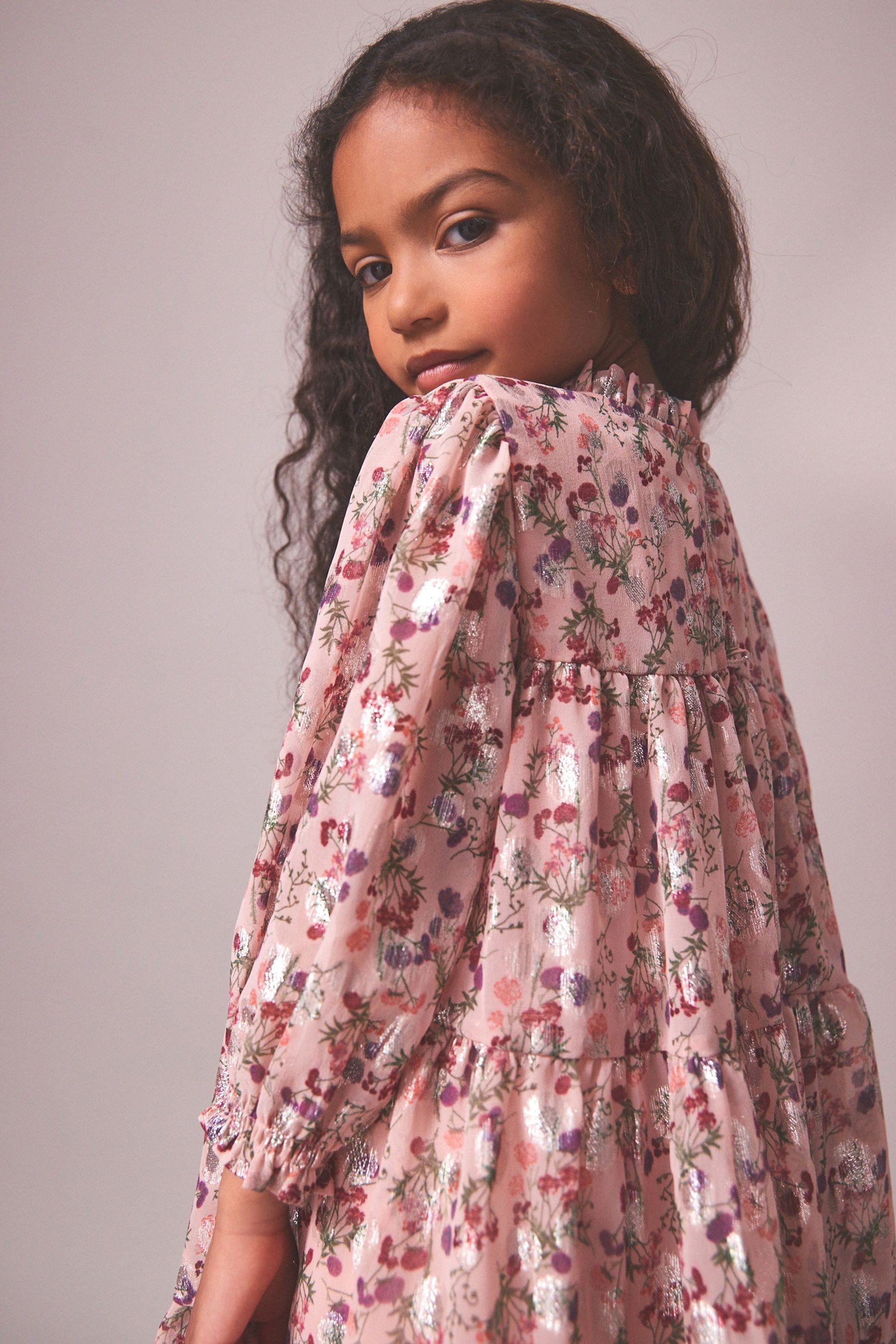 Pink Floral Metallic Chiffon Dress (3-16yrs)