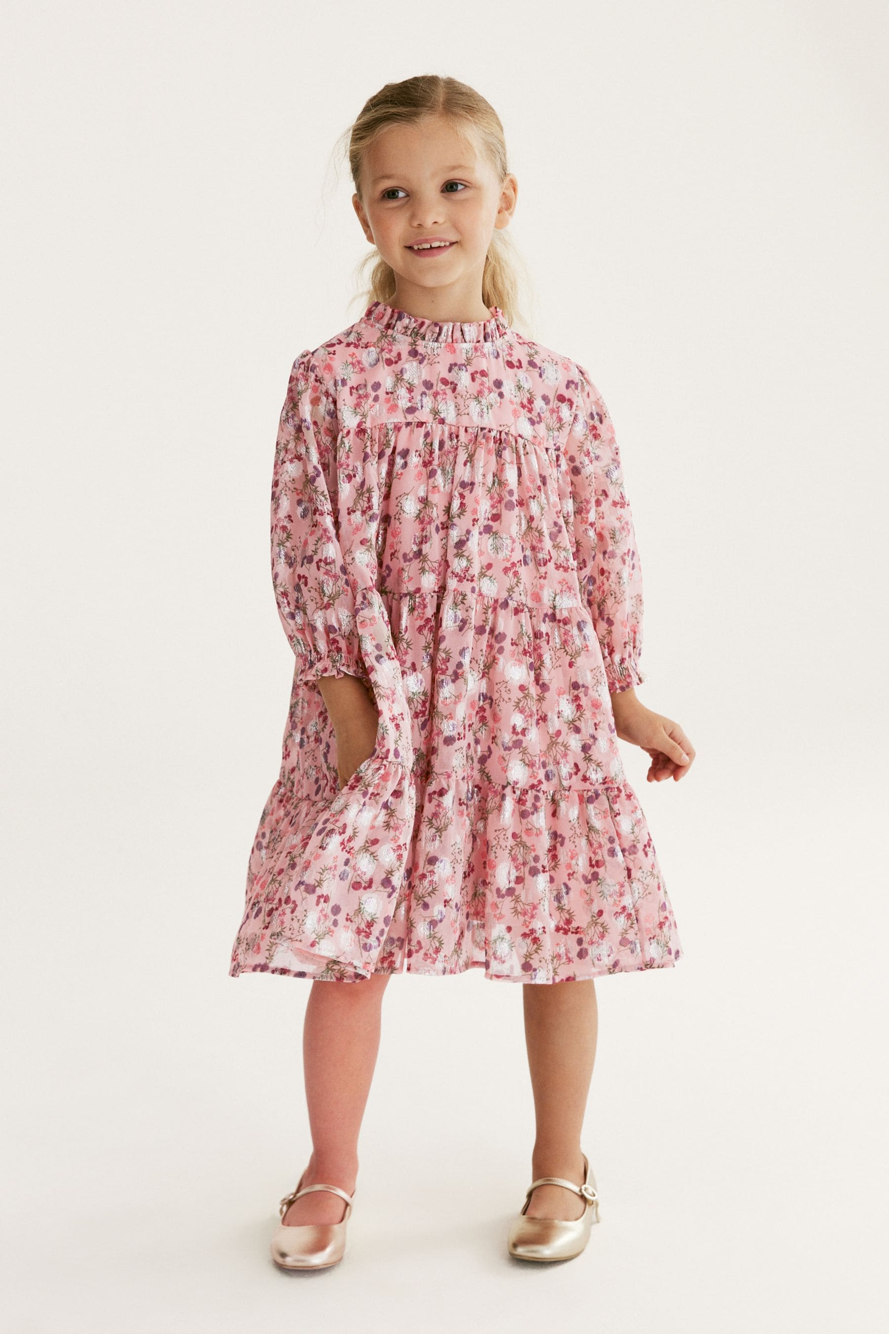 Pink Floral Metallic Chiffon Dress (3-16yrs)