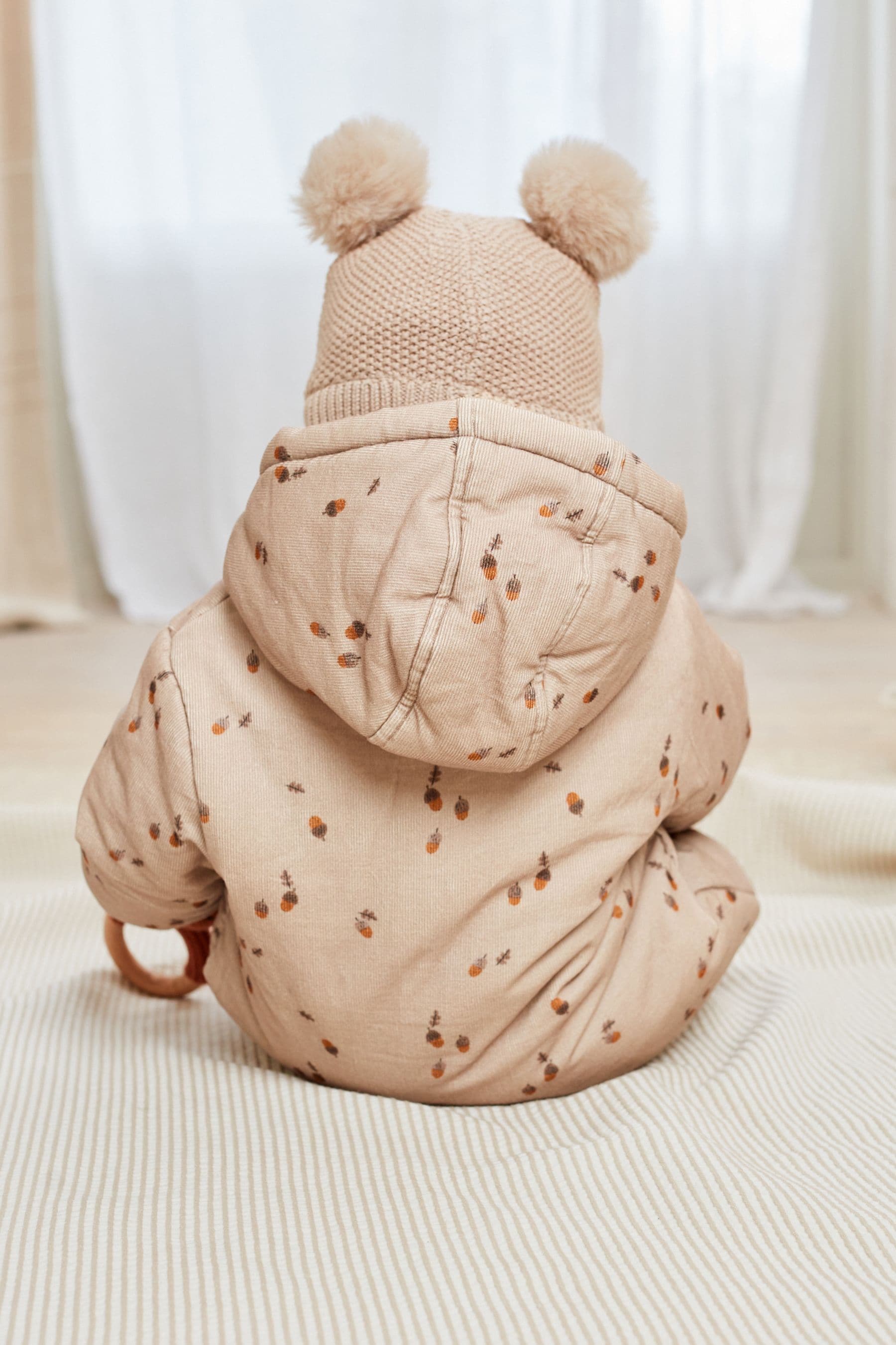 Mink Brown Acorn Corduroy Fleece Lined Baby All-In-One Pramsuit