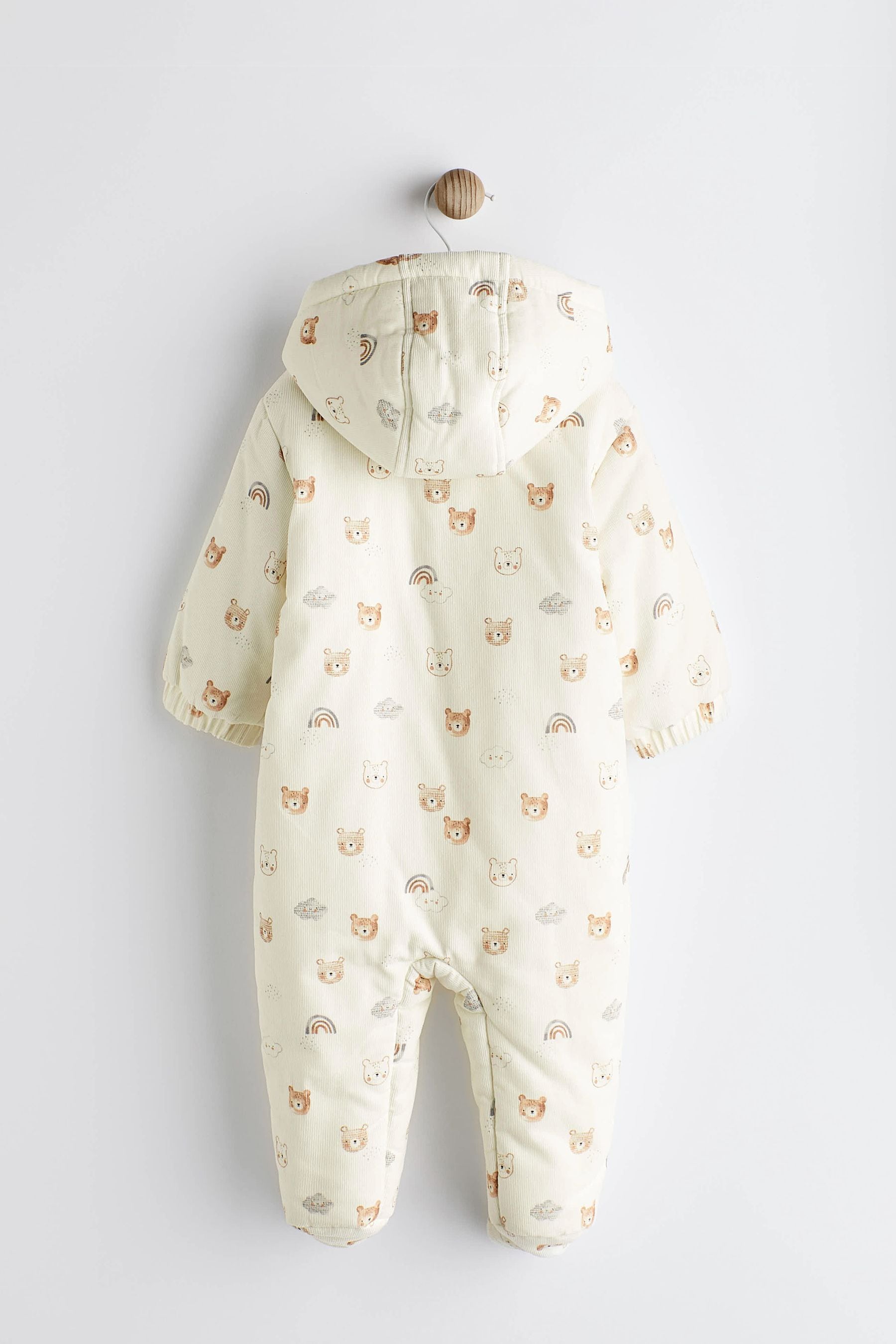 Cream Bear Corduroy Fleece Lined Baby All-In-One Pramsuit