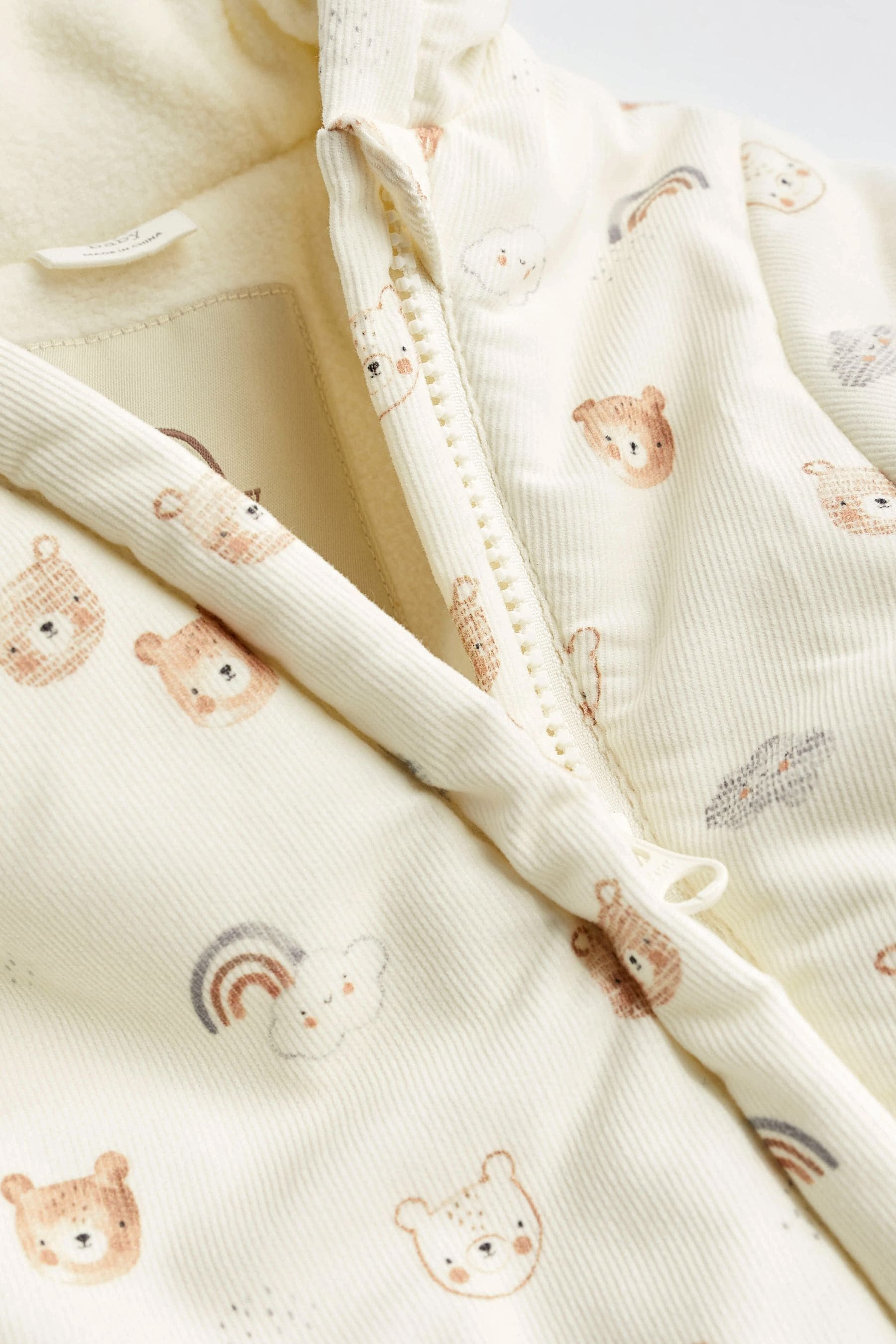 Cream Bear Corduroy Fleece Lined Baby All-In-One Pramsuit