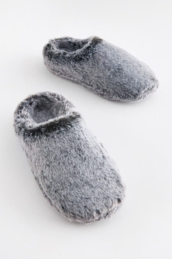 Grey Warm Lined Faux Fur Mule Slippers