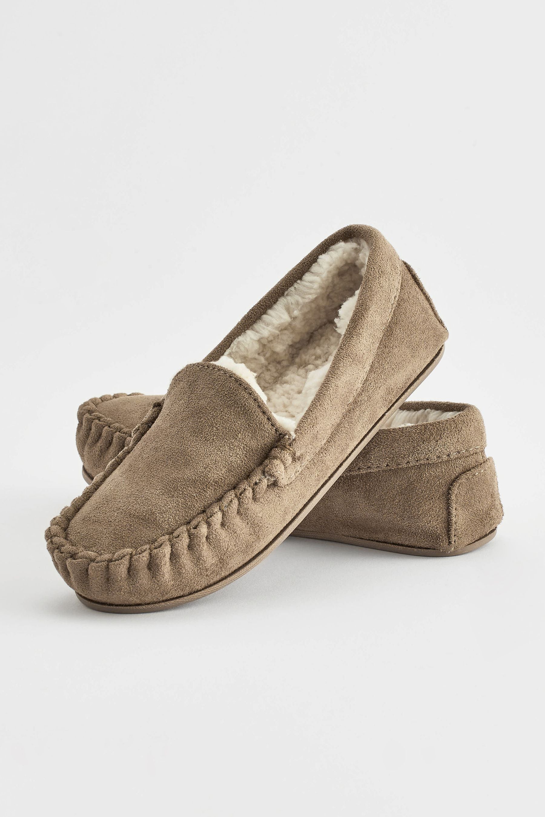 Natural Faux Fur Lined Moccasin Slippers