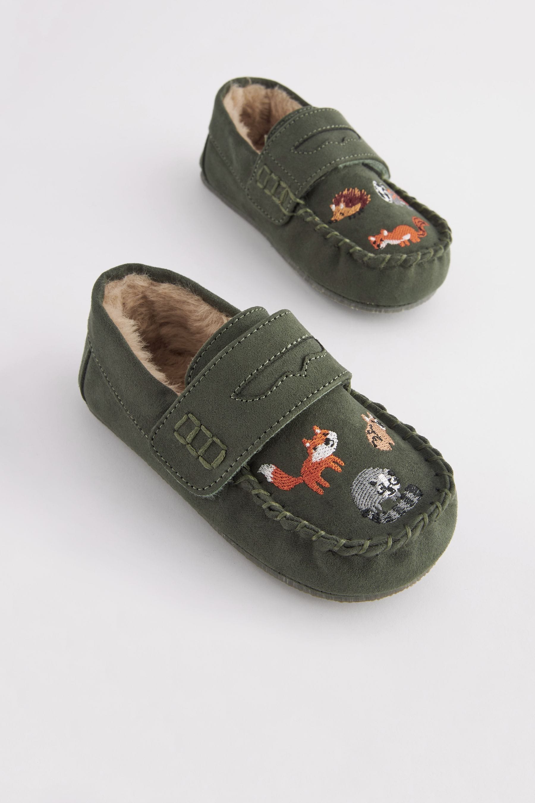 Khaki Green Woodland Embroidery Faux Fur Lined Moccasin Slippers