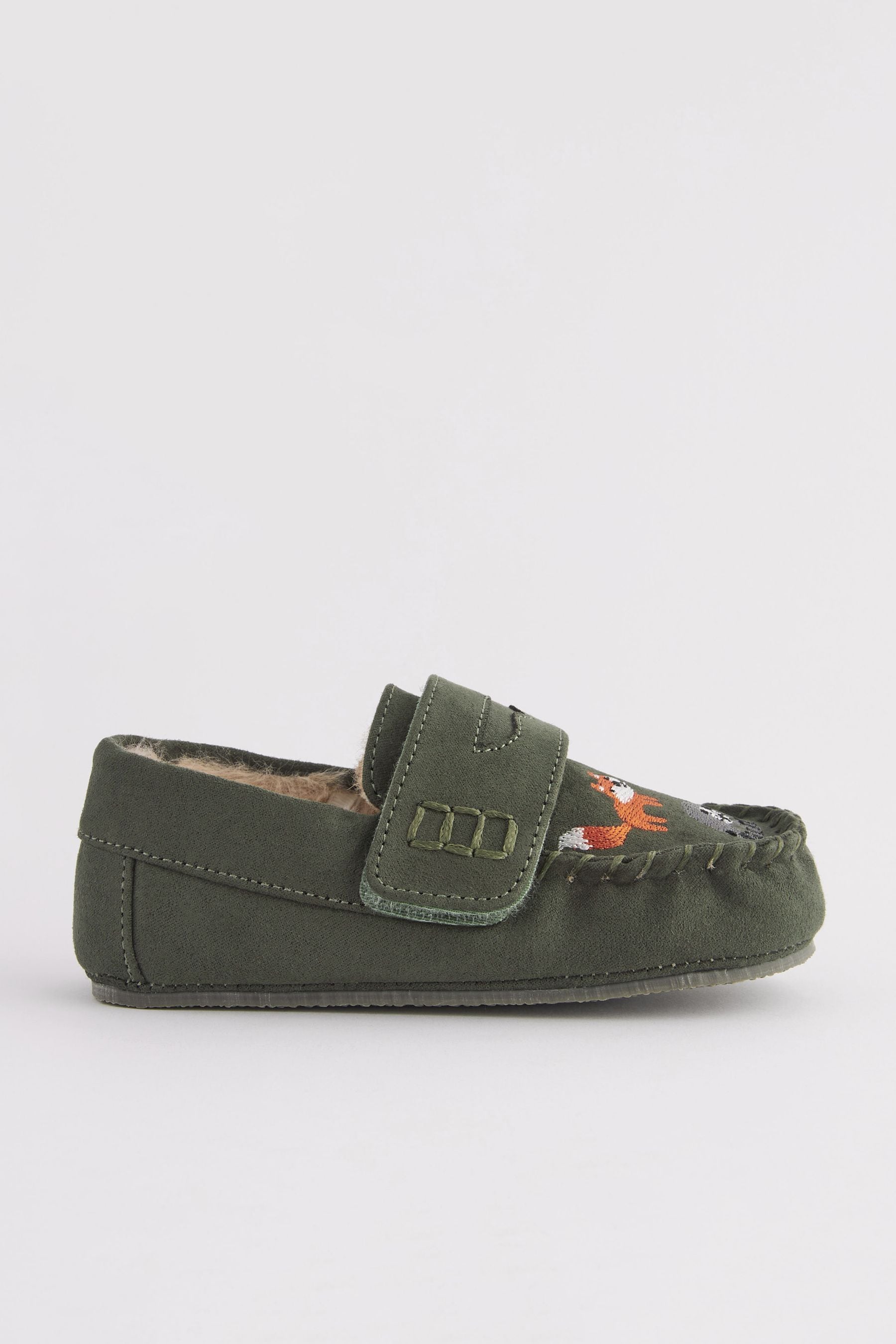 Khaki Green Woodland Embroidery Faux Fur Lined Moccasin Slippers