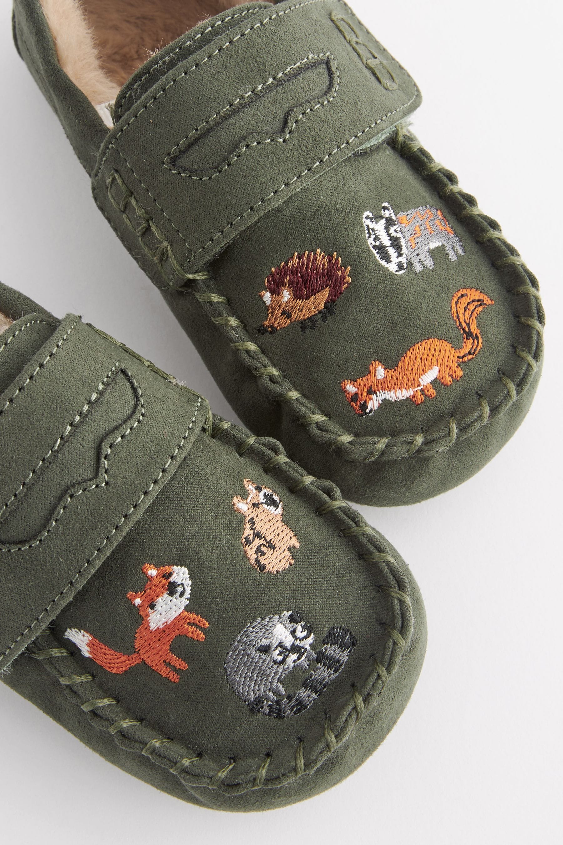 Khaki Green Woodland Embroidery Faux Fur Lined Moccasin Slippers