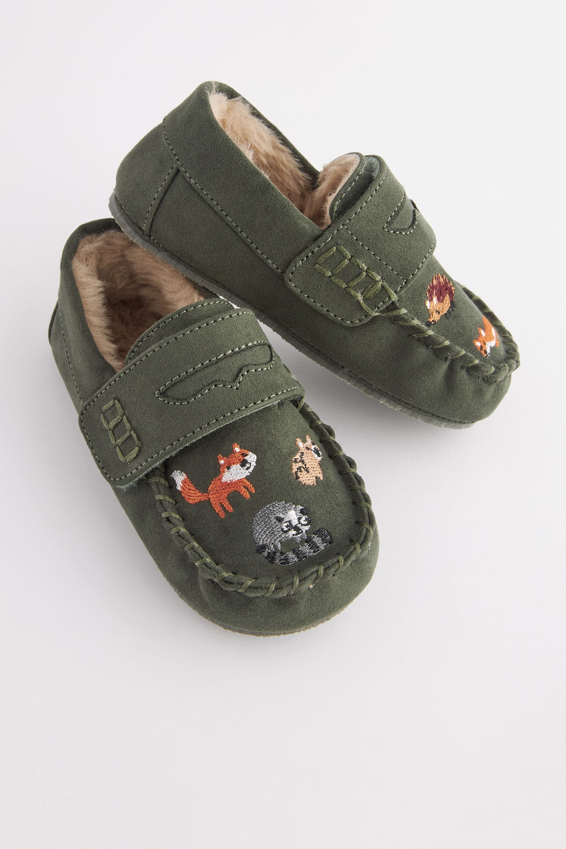 Khaki Green Woodland Embroidery Faux Fur Lined Moccasin Slippers