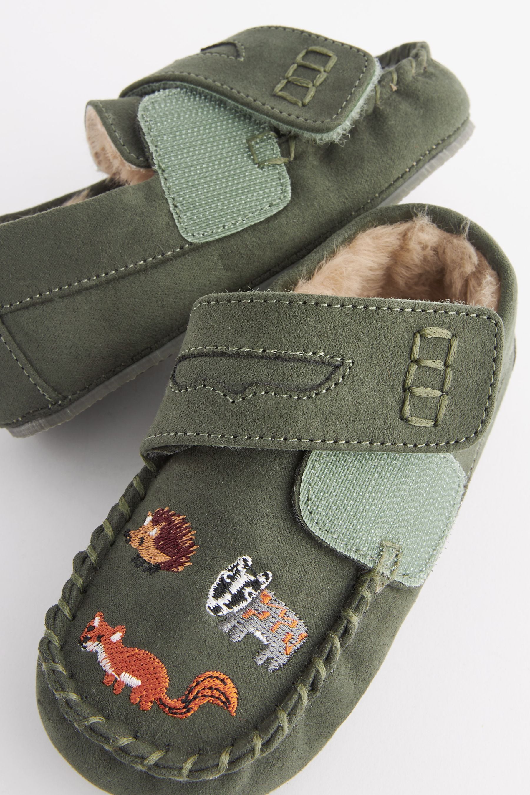 Khaki Green Woodland Embroidery Faux Fur Lined Moccasin Slippers