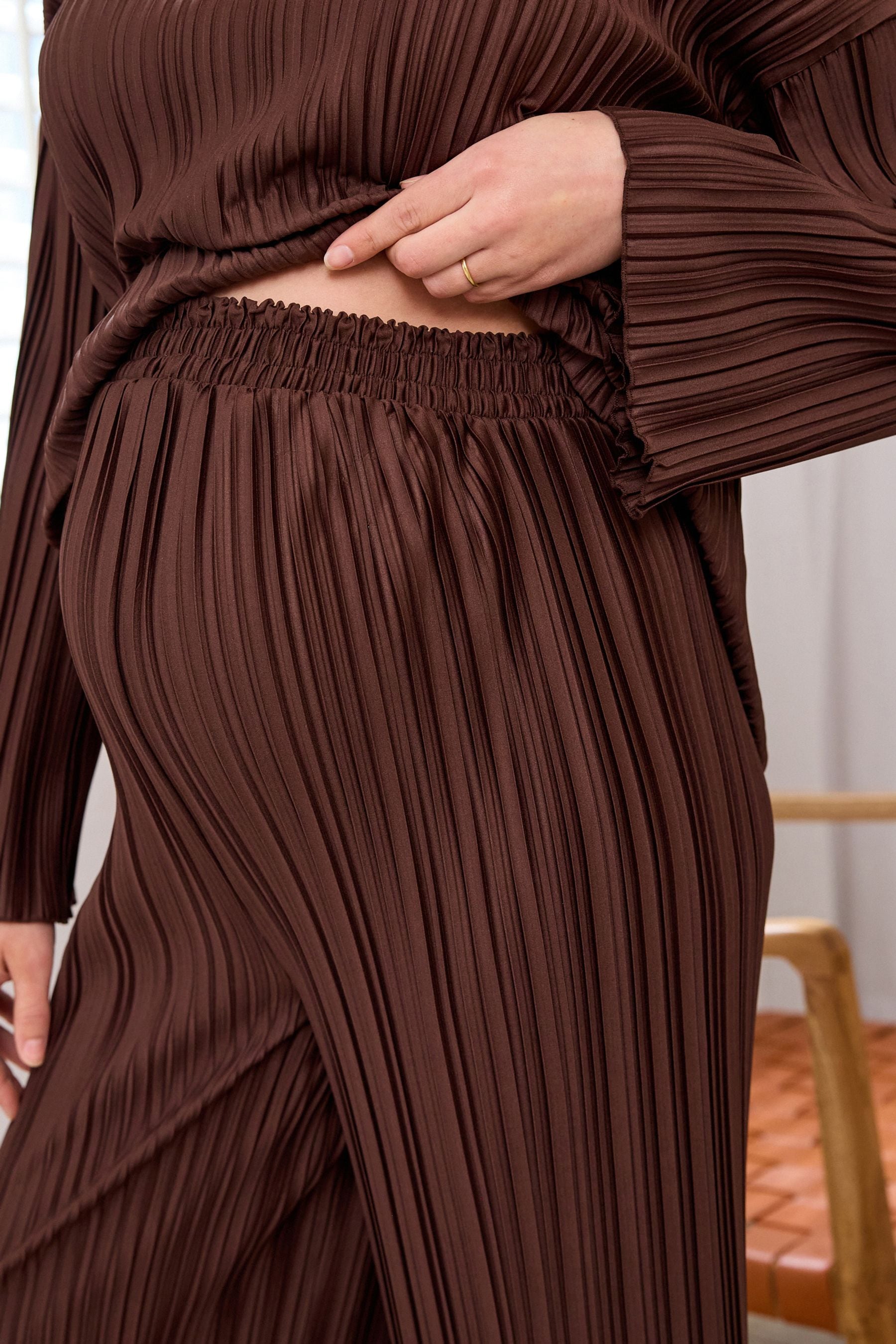 Chocolate Brown Maternity Wide Leg Plisse Trousers