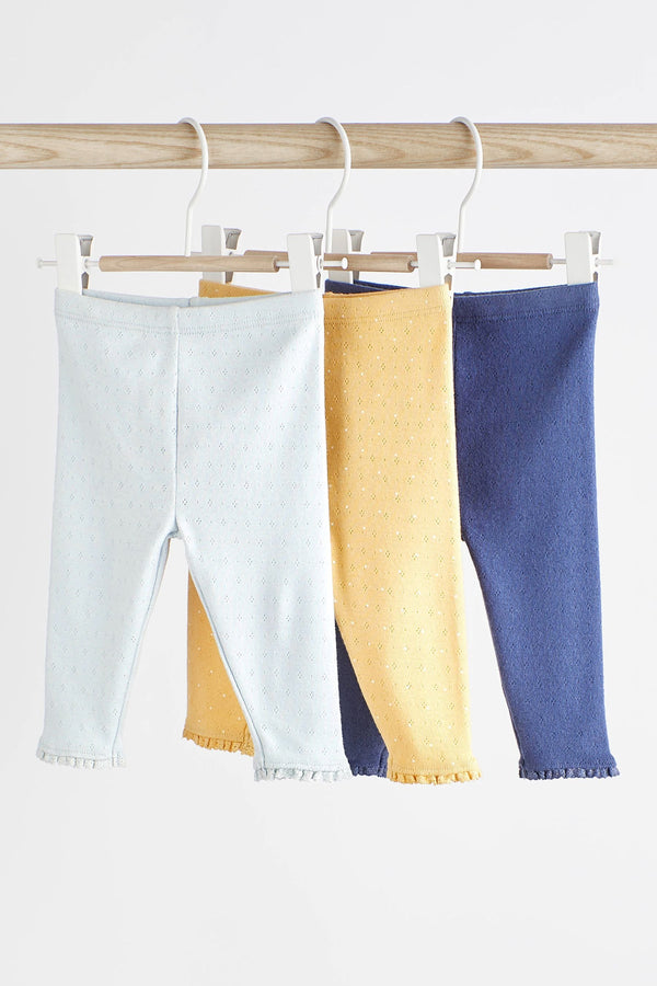 Blue/Ochre Yellow Pointelle Baby Leggings 3 Pack