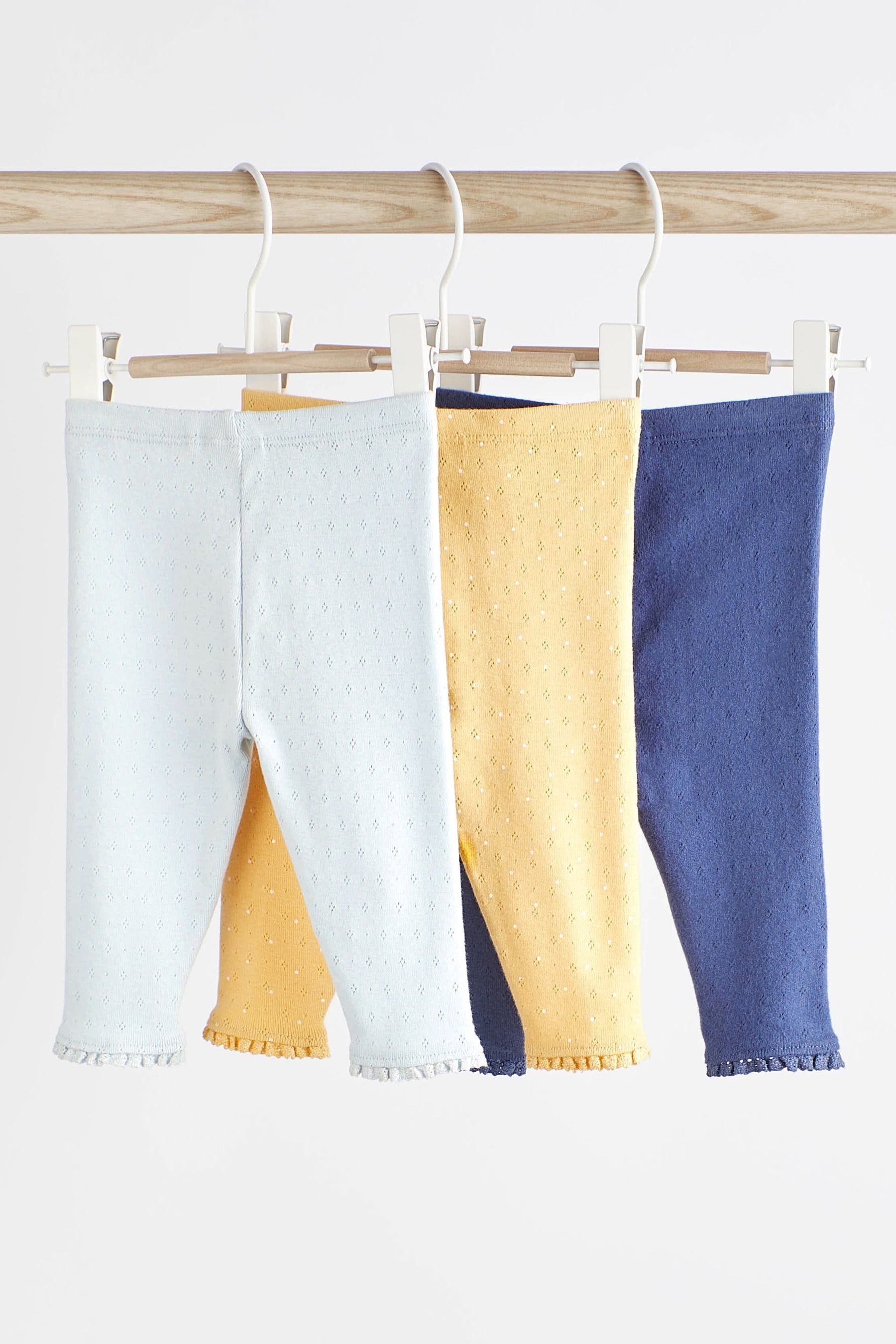 Blue/Ochre Yellow Pointelle Baby Leggings 3 Pack