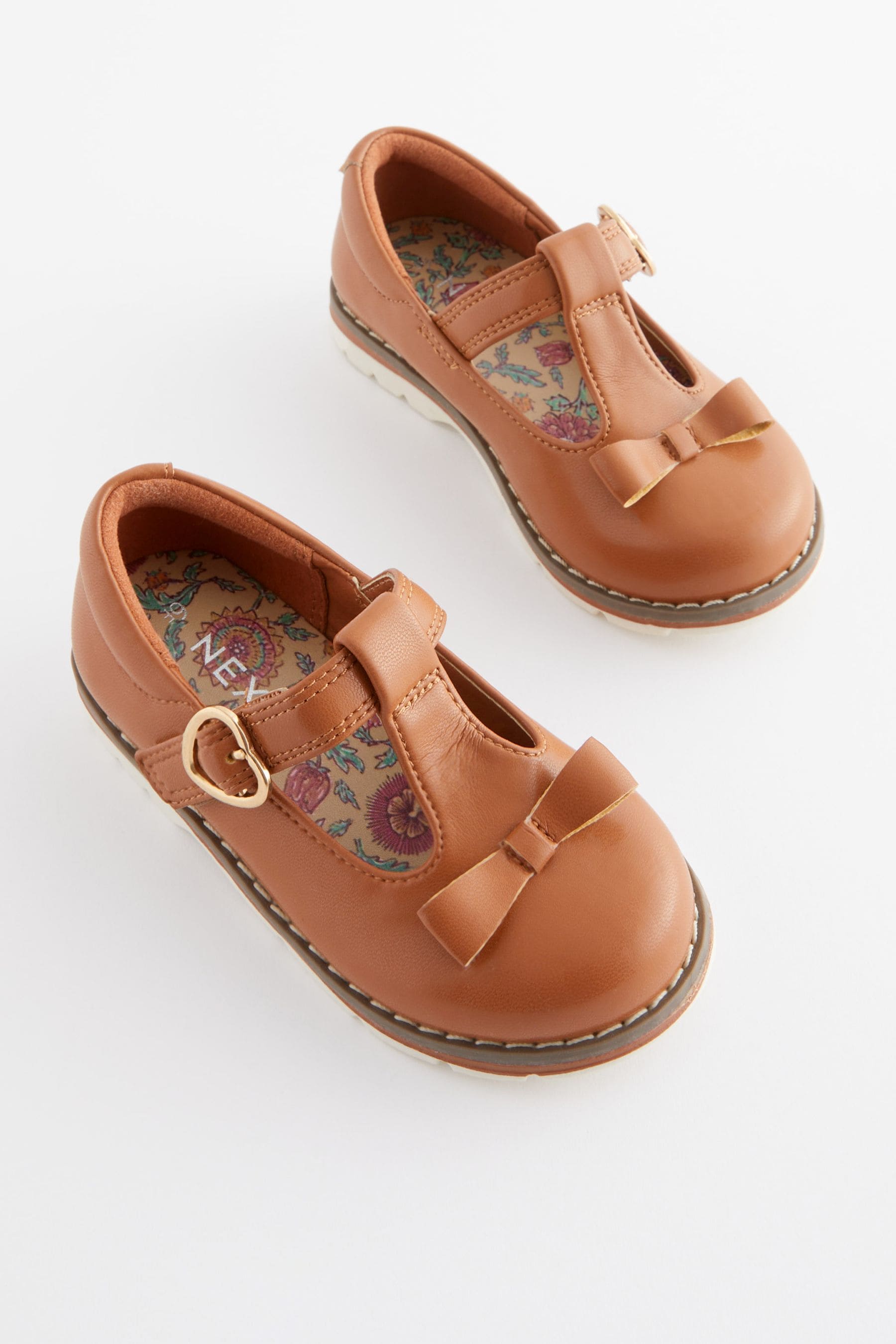 Tan Brown Bow T-Bar Shoes