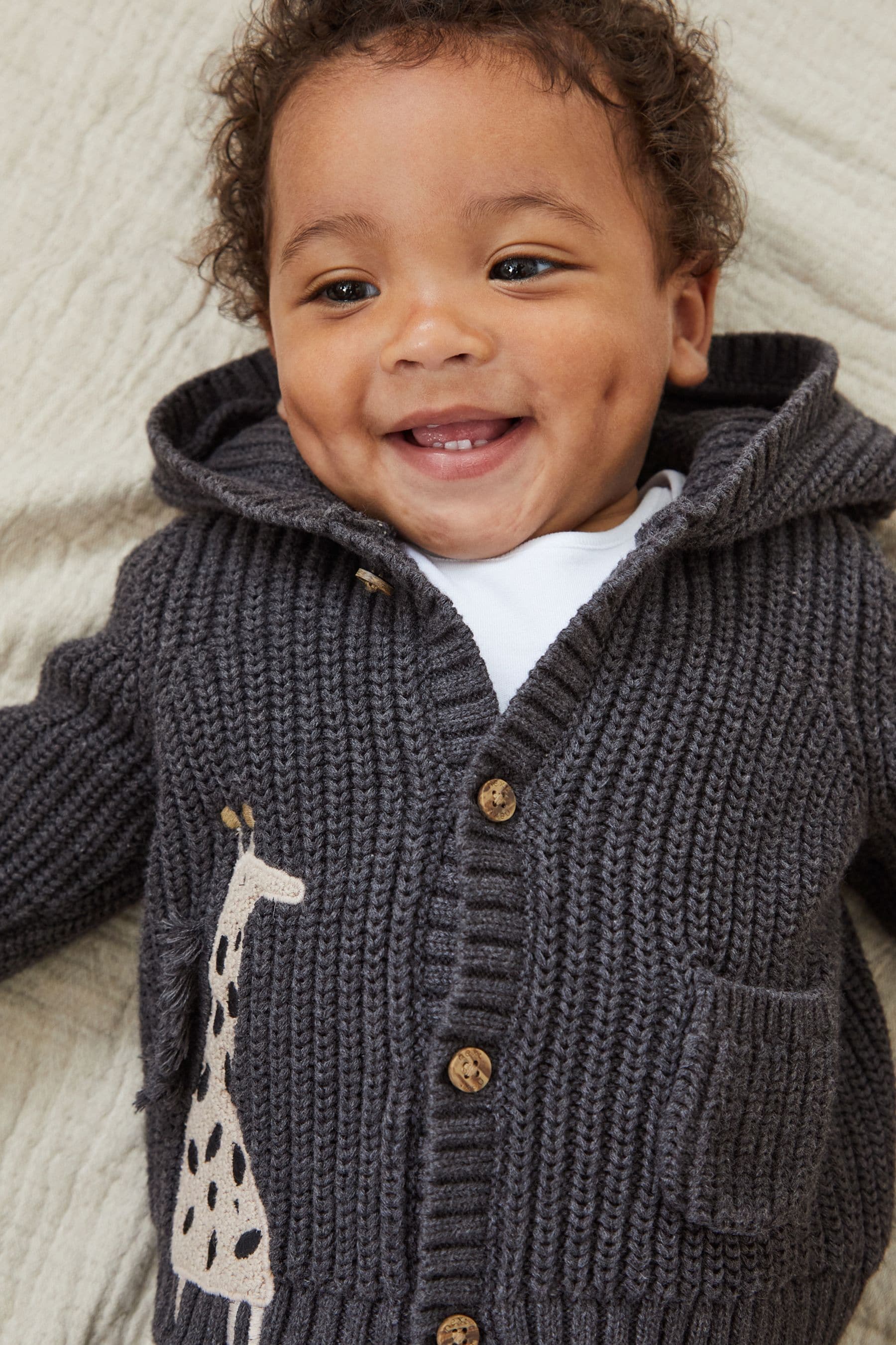 Charcoal Grey Giraffe Baby Knitted Hooded Cardigan (0mths-2yrs)