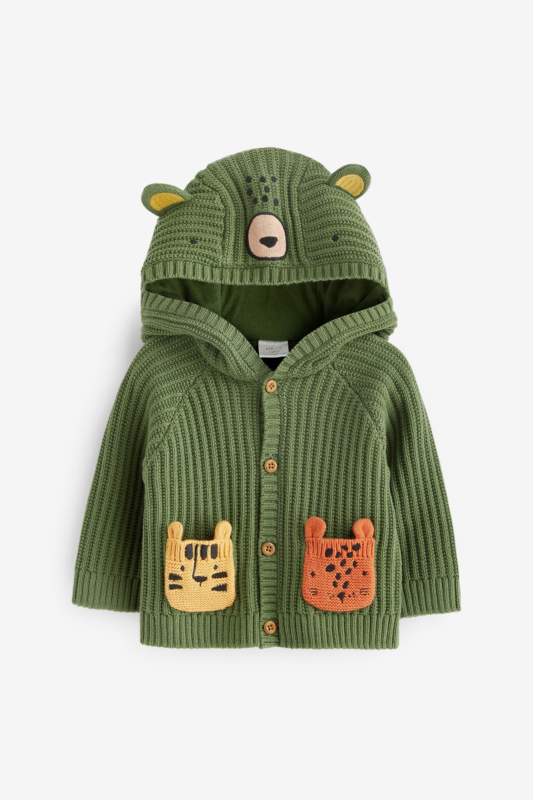 Khaki Green Character Baby Knitted Hooded Cardigan (0mths-2yrs)