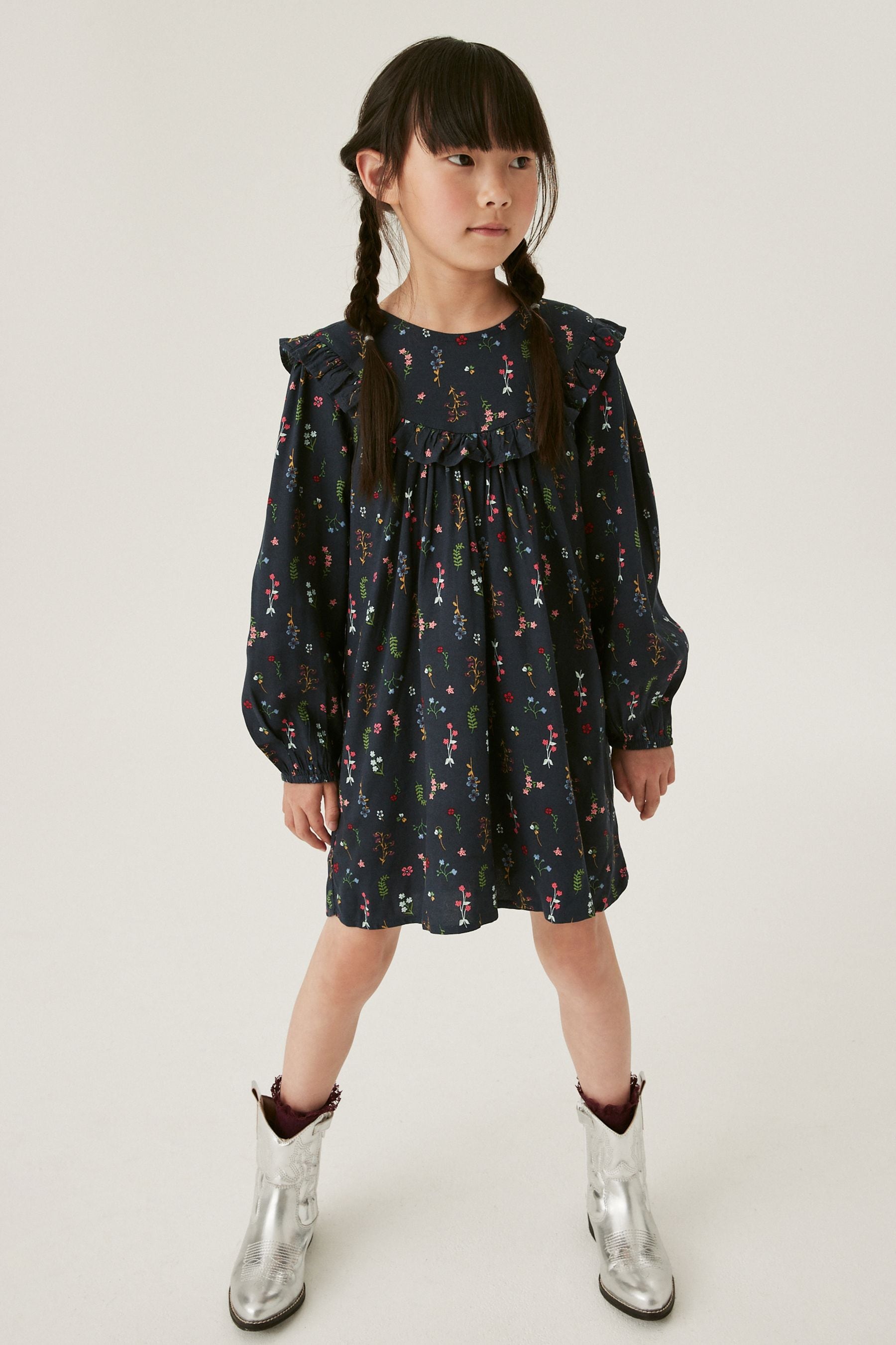 Navy Blue Floral Printed Dress (12mths-16yrs)