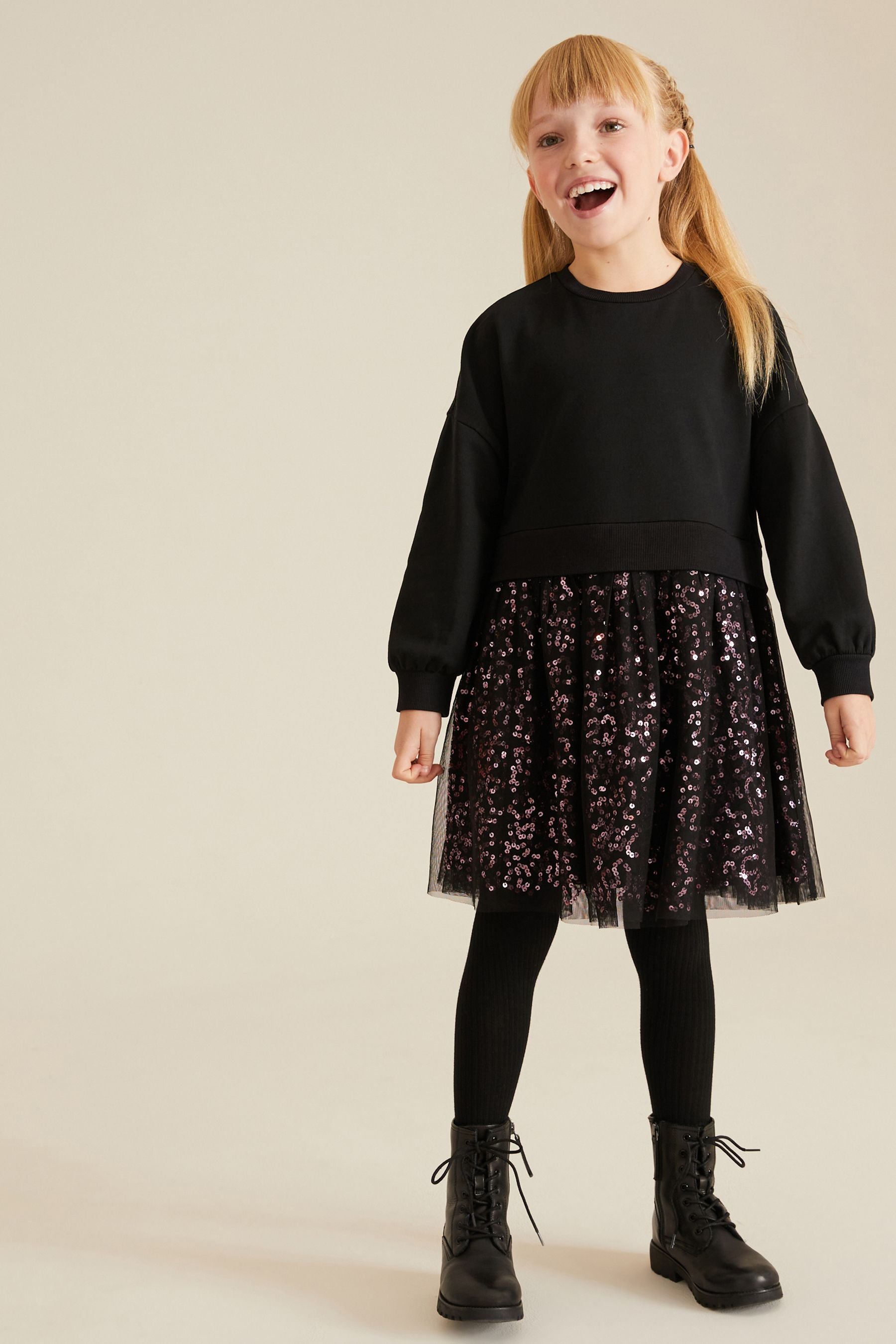 Black/Pink Sequin Skirt Sweat Dress (3-12yrs)