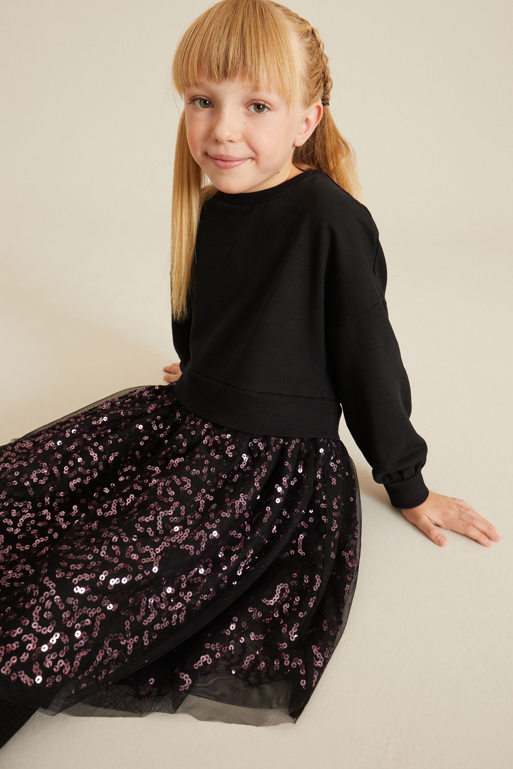 Black/Pink Sequin Skirt Sweat Dress (3-12yrs)