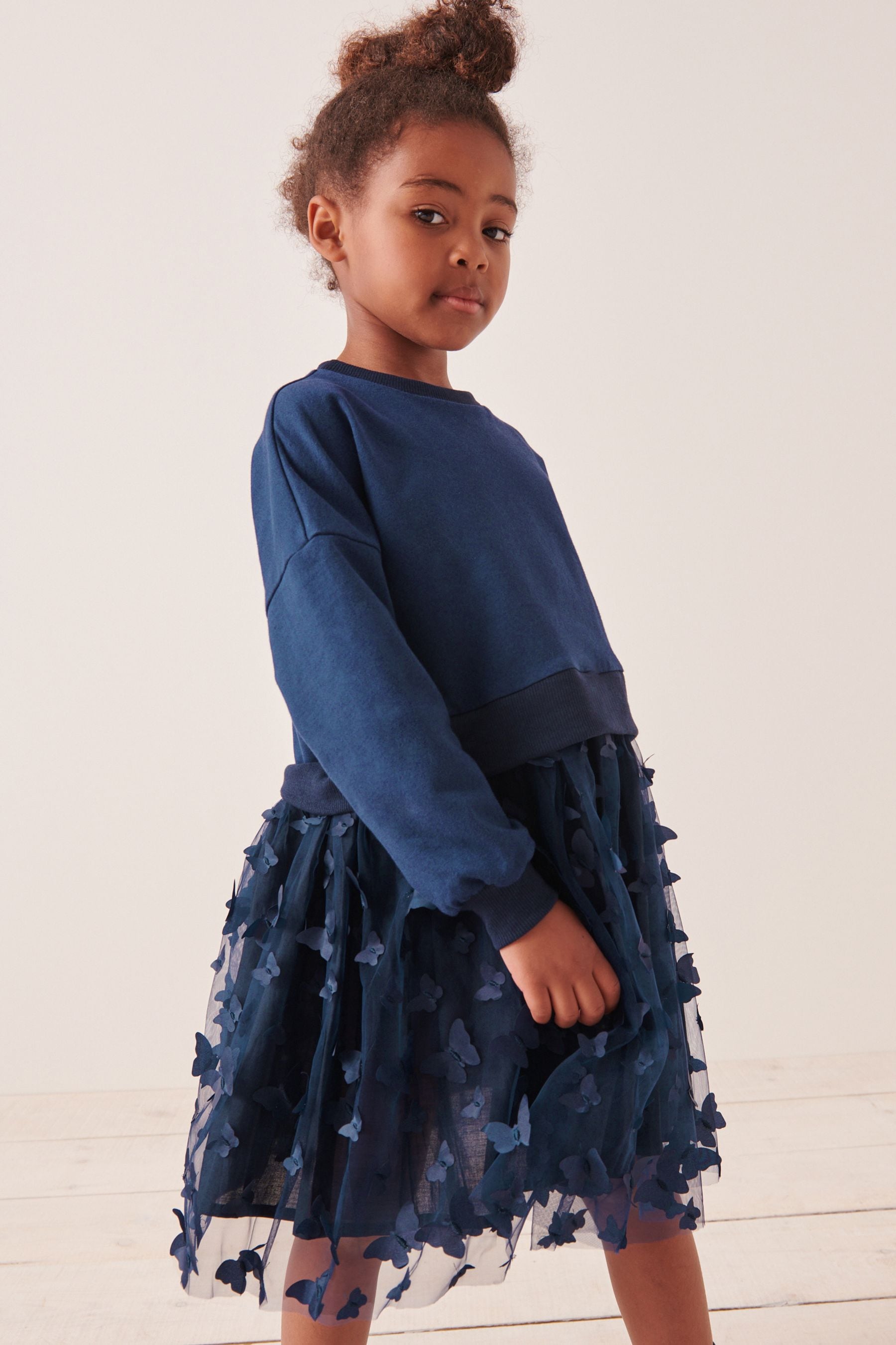 Navy Blue 3D Butterfly Sweat Dress (3-12yrs)