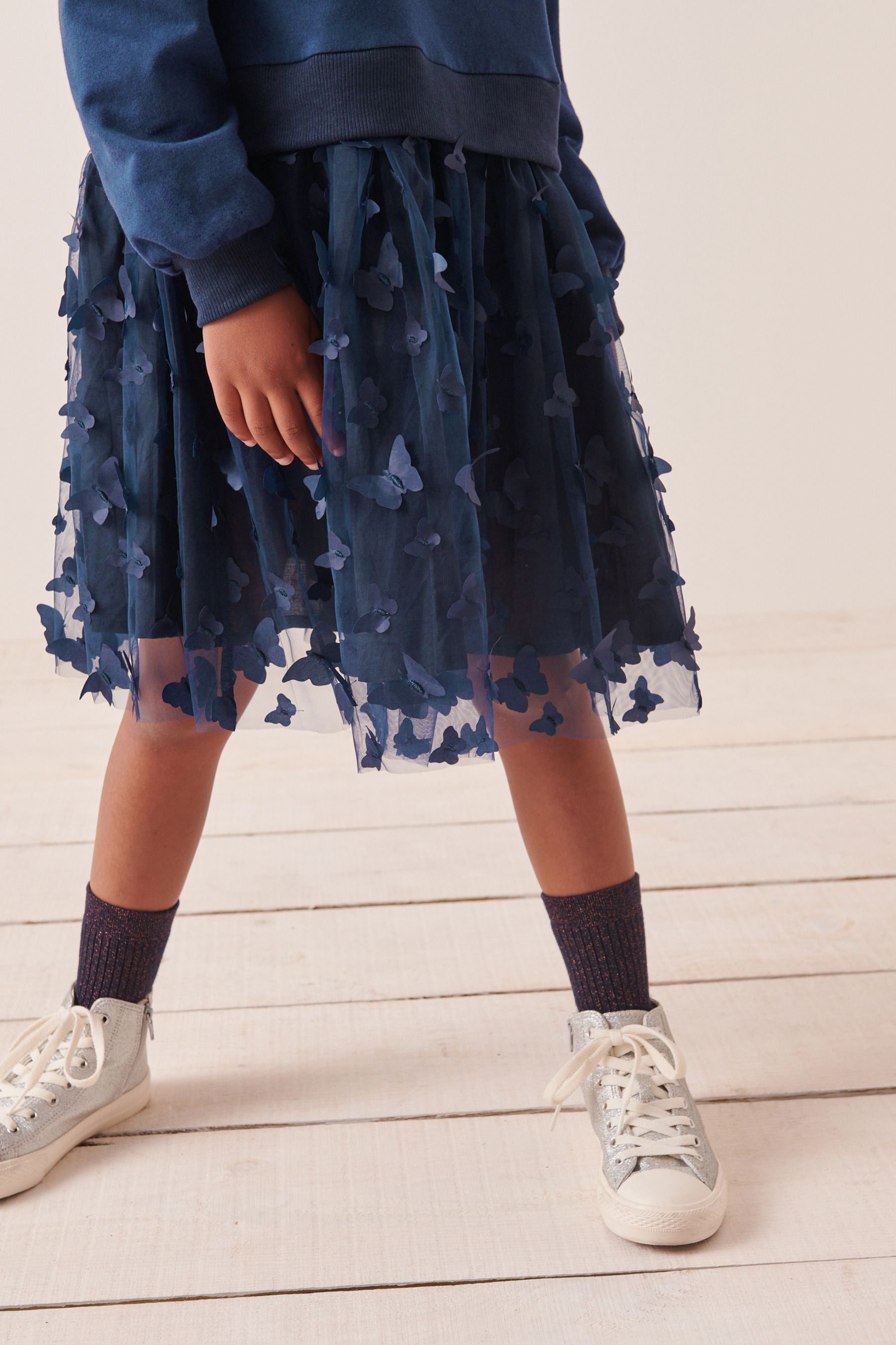 Navy Blue 3D Butterfly Sweat Dress (3-12yrs)