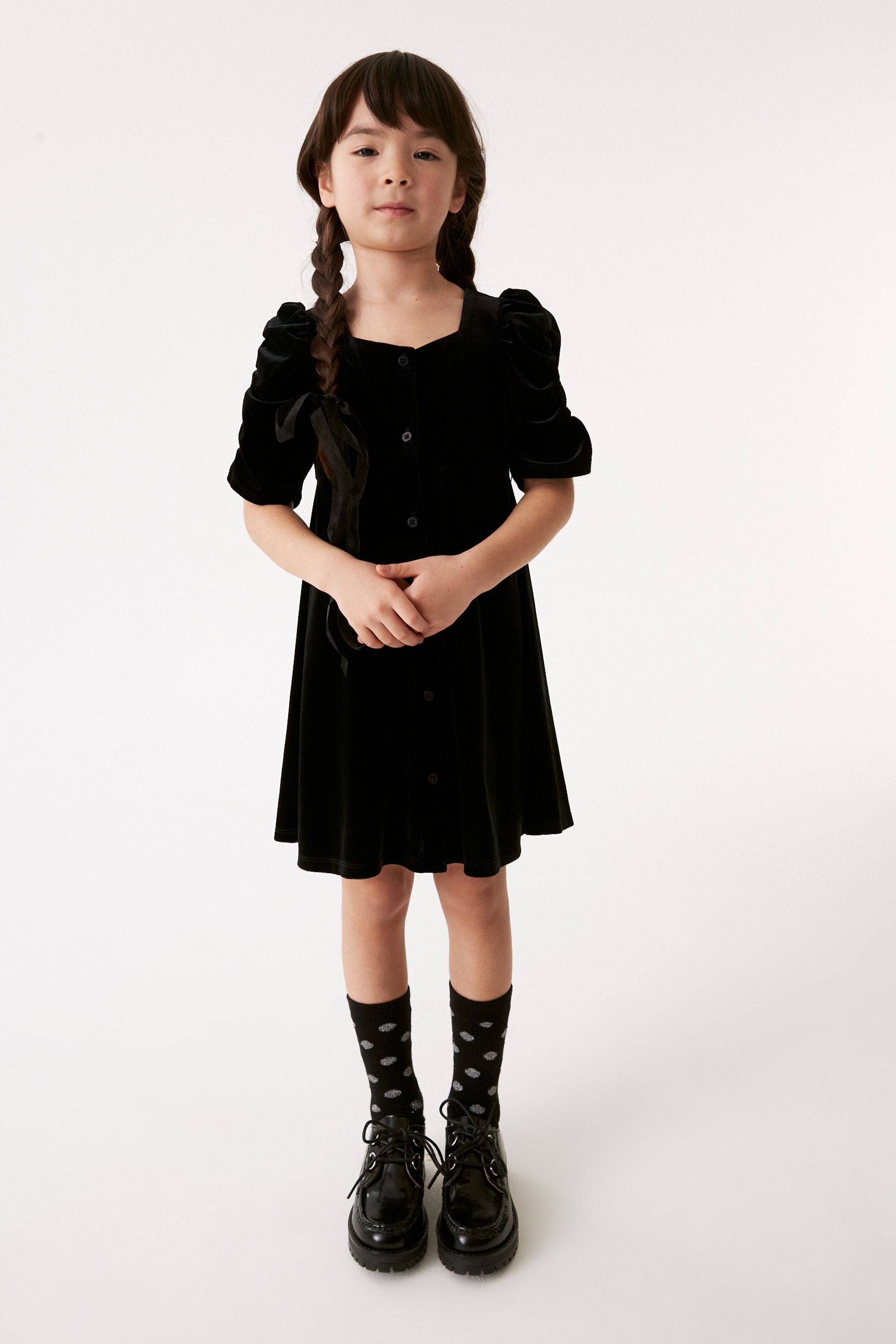 Black Velvet Shirred Sleeve Dress (3-16yrs)