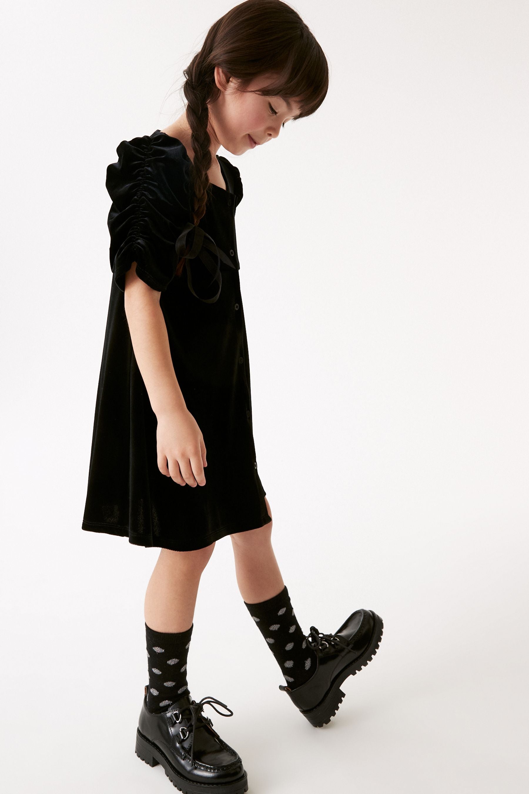 Black Velvet Shirred Sleeve Dress (3-16yrs)