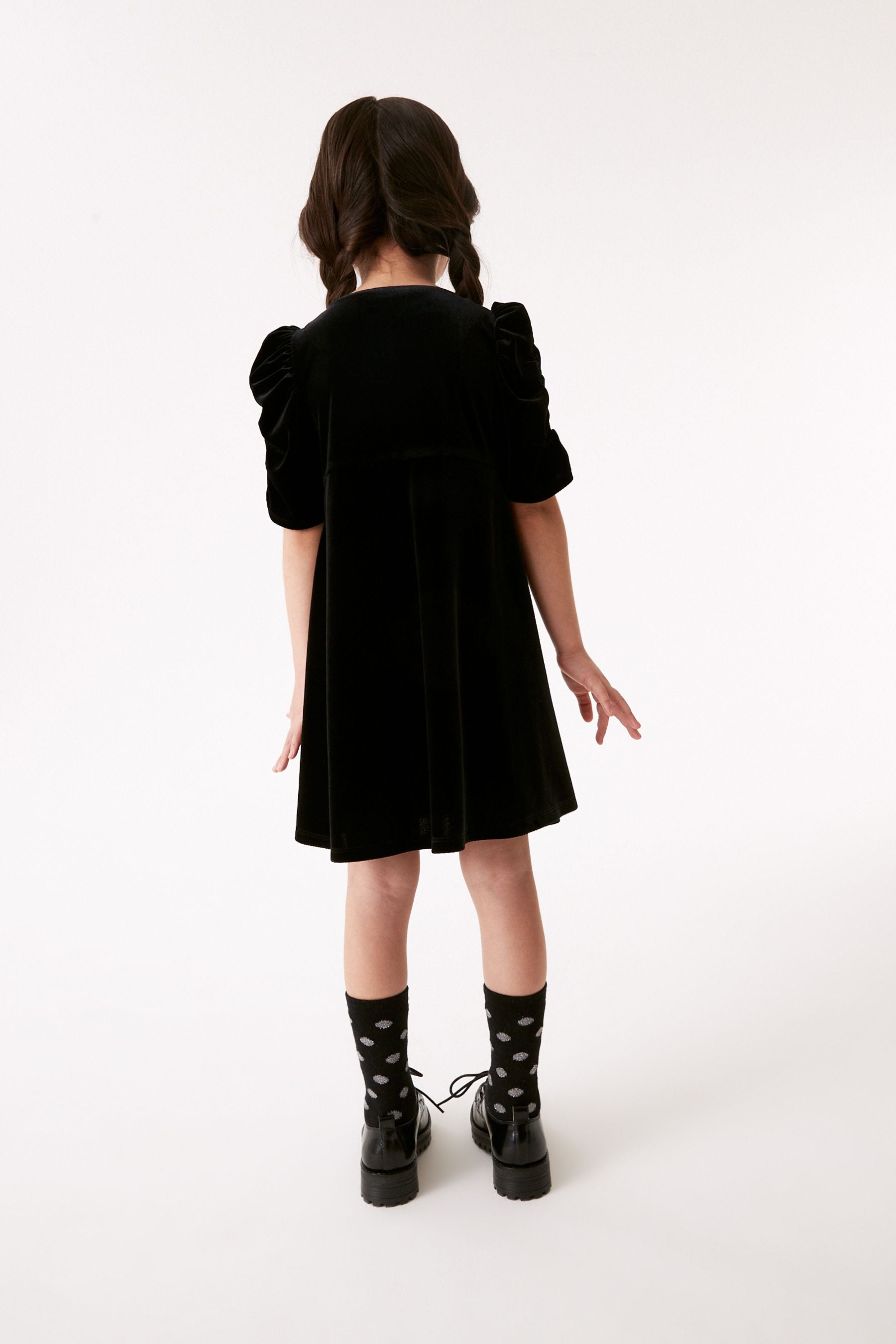 Black Velvet Shirred Sleeve Dress (3-16yrs)