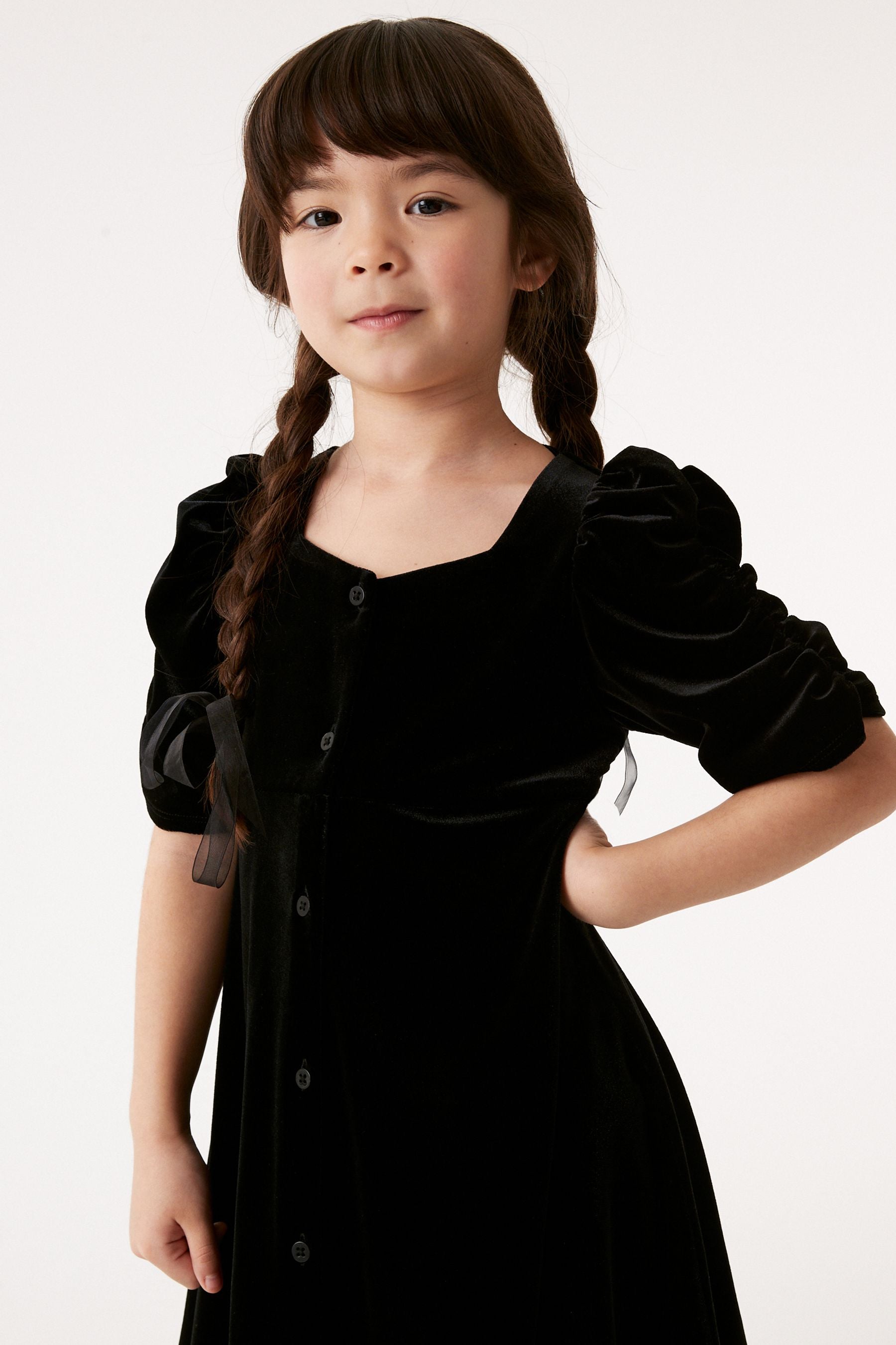 Black Velvet Shirred Sleeve Dress (3-16yrs)