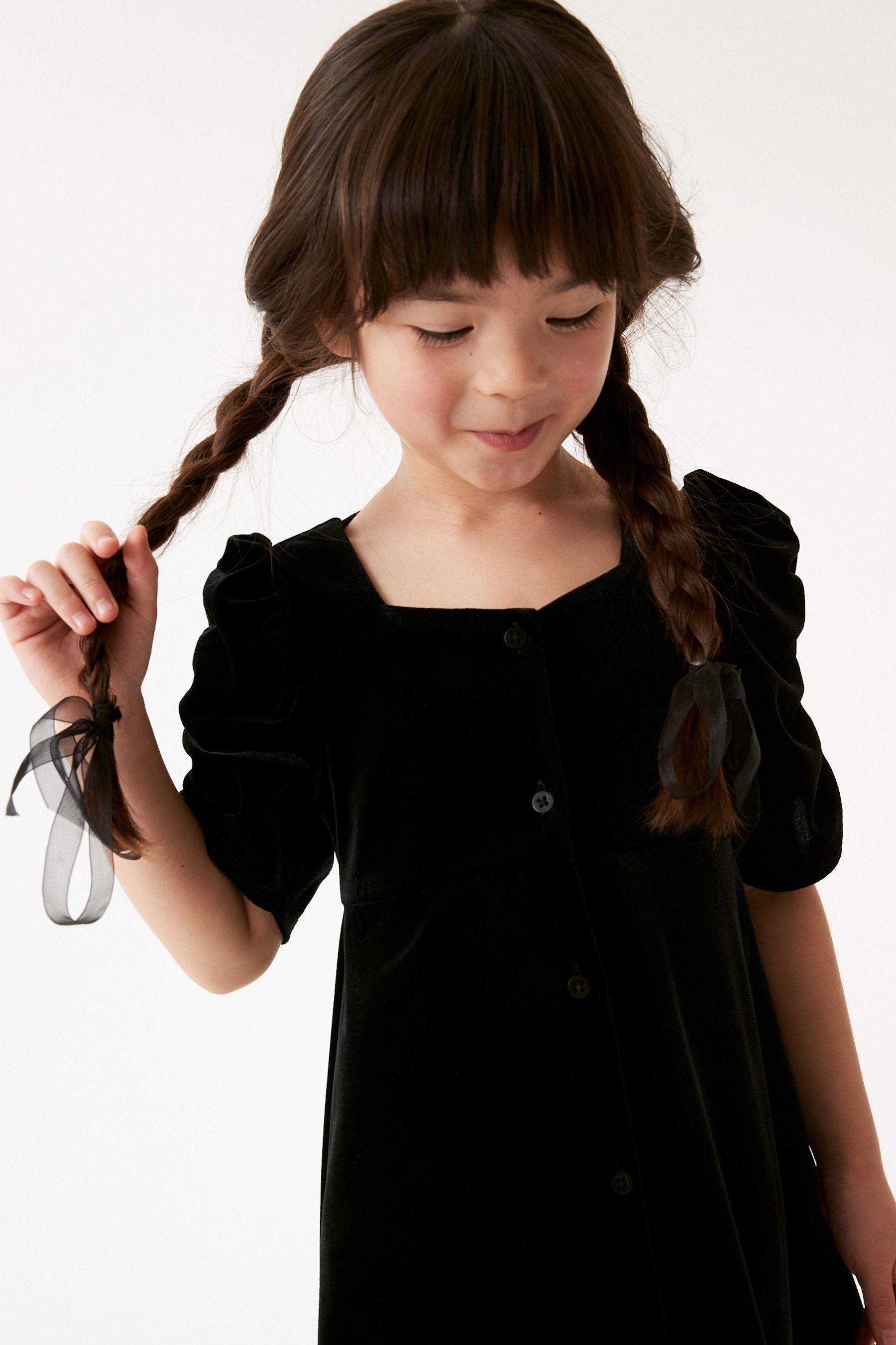 Black Velvet Shirred Sleeve Dress (3-16yrs)