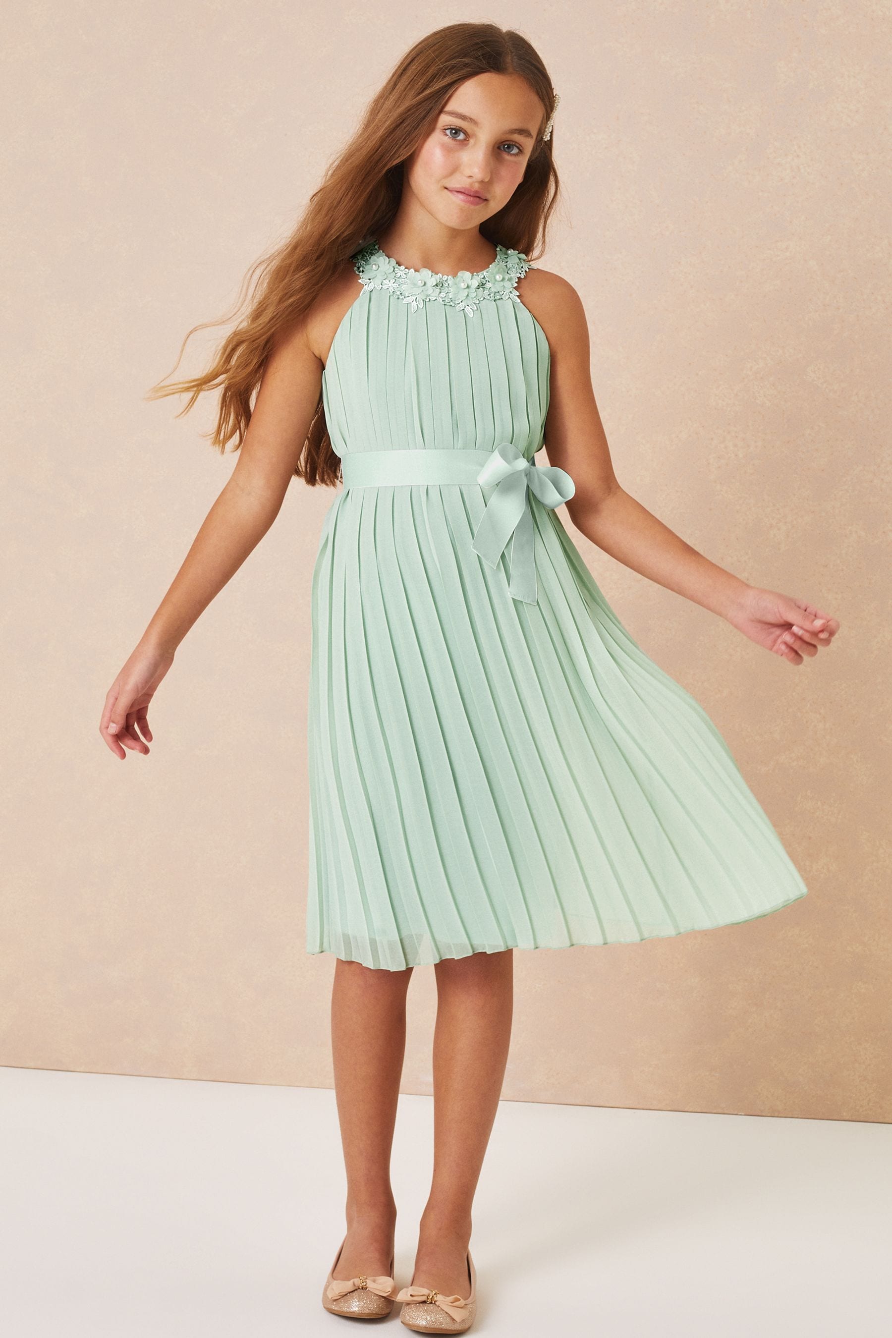 Sage Green Lipsy Pleated Chiffon Occasion Dress