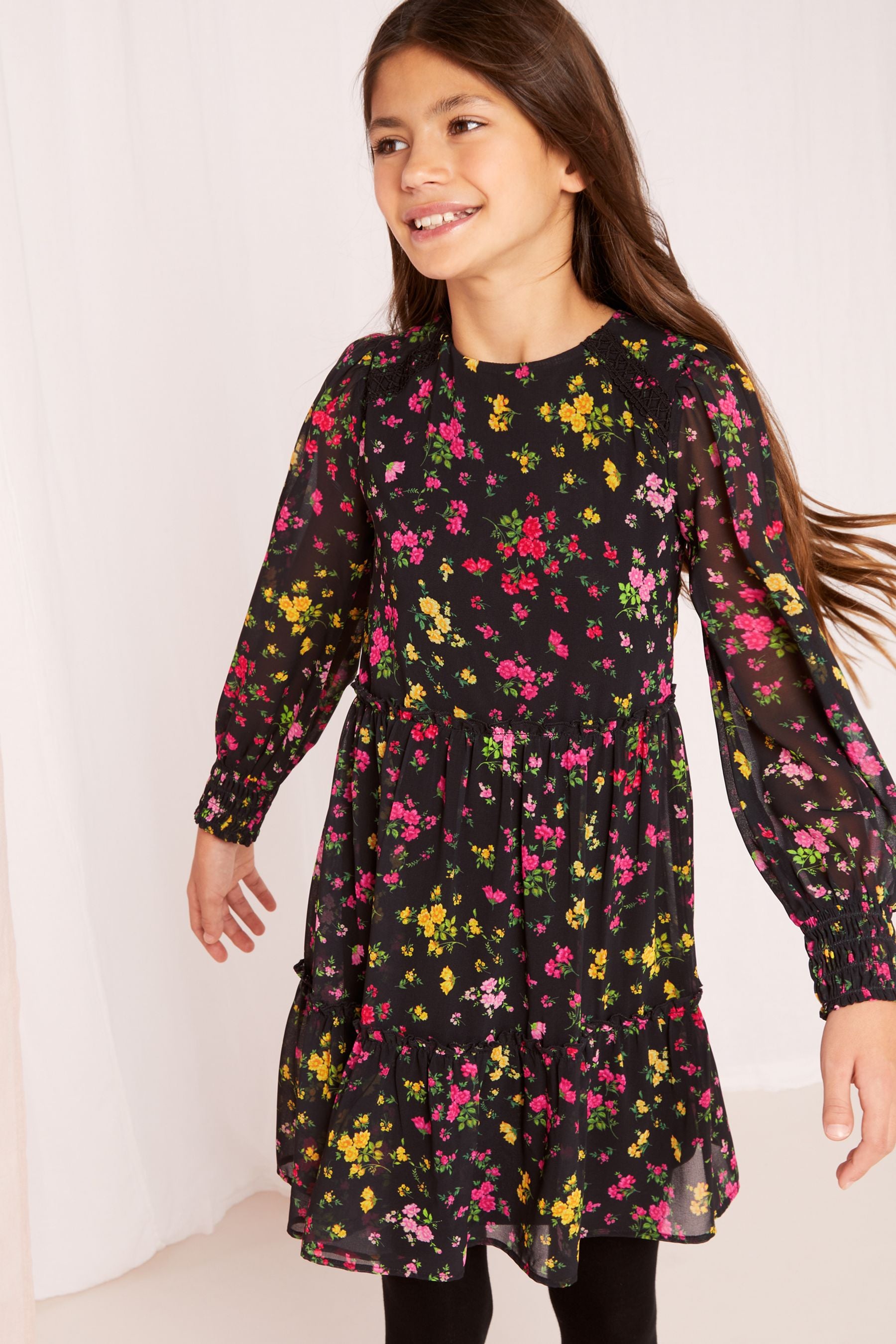 Black Floral Lipsy Long Sleeve Chiffon Dress