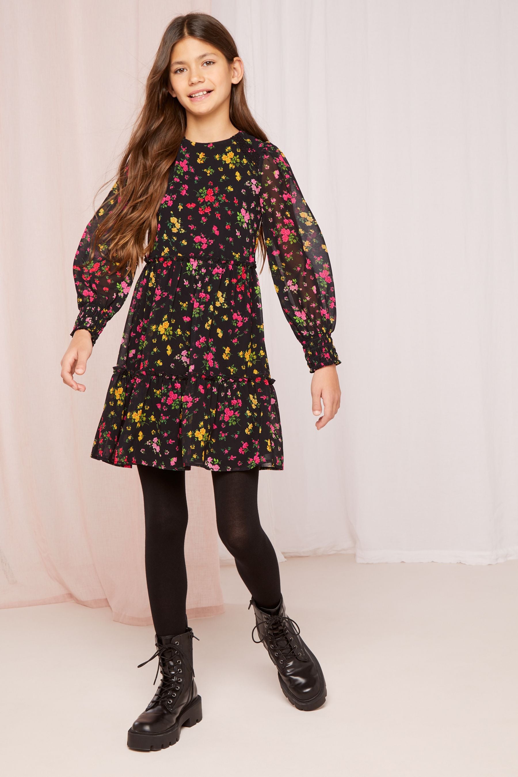 Black Floral Lipsy Long Sleeve Chiffon Dress